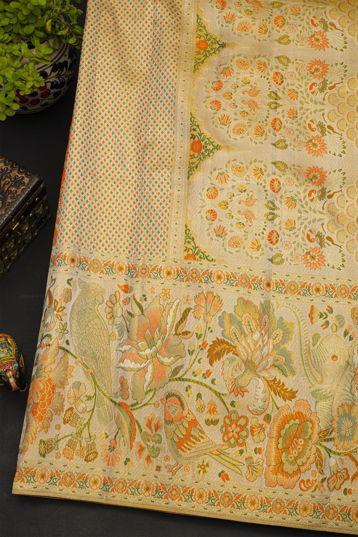 Kancheepuram Silk Orange Saree With All Over Meenakari