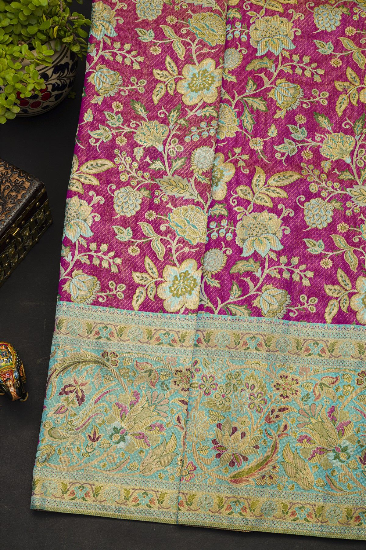 Kancheepuram Silk Rani Pink Saree With All Over Jamdani Weaving