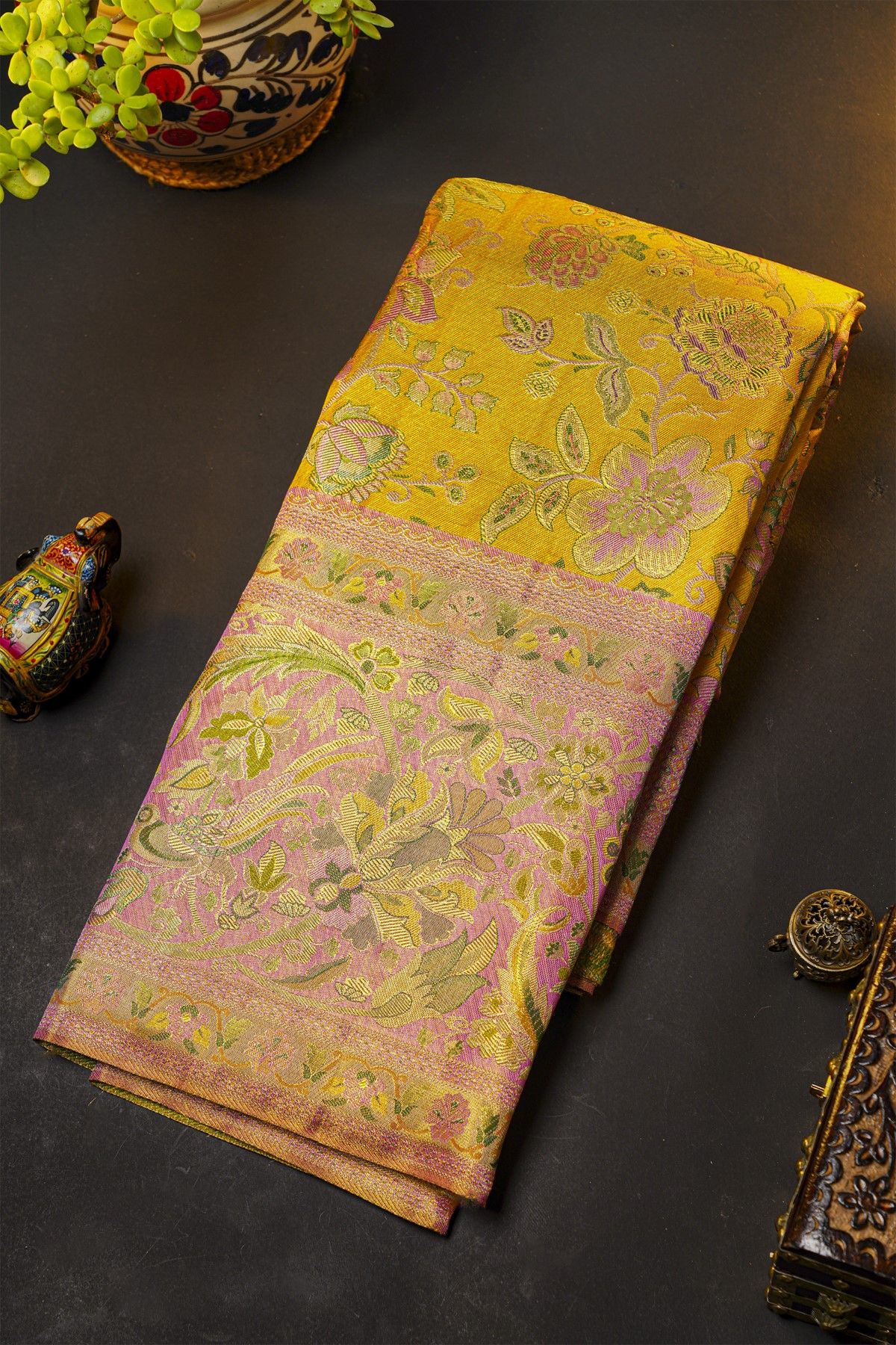 Kancheepuram Silk Yellow Saree With All Over Meenakari Body And Border