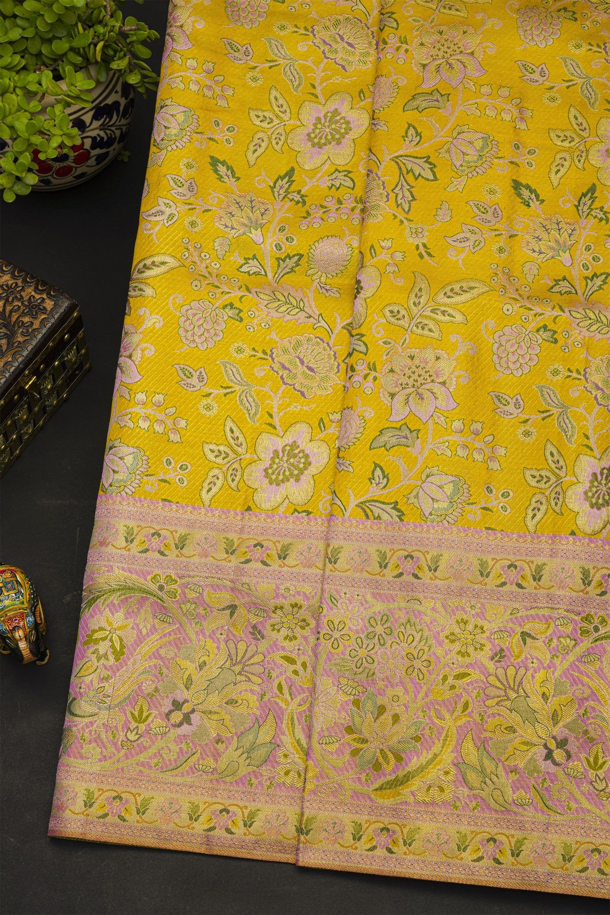 Kancheepuram Silk Yellow Saree With All Over Meenakari Body And Border