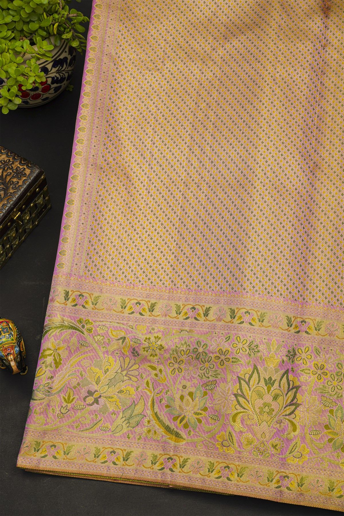 Kancheepuram Silk Yellow Saree With All Over Meenakari Body And Border