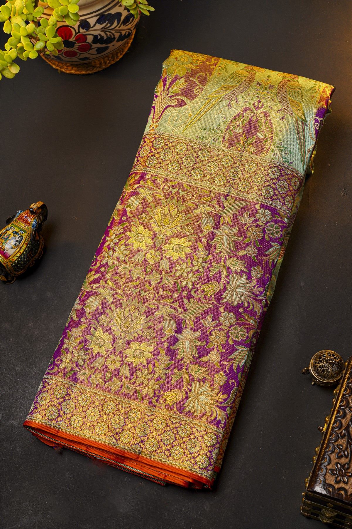 Kancheepuram Silk Sea Green Saree With All Over Meenakari Tissue