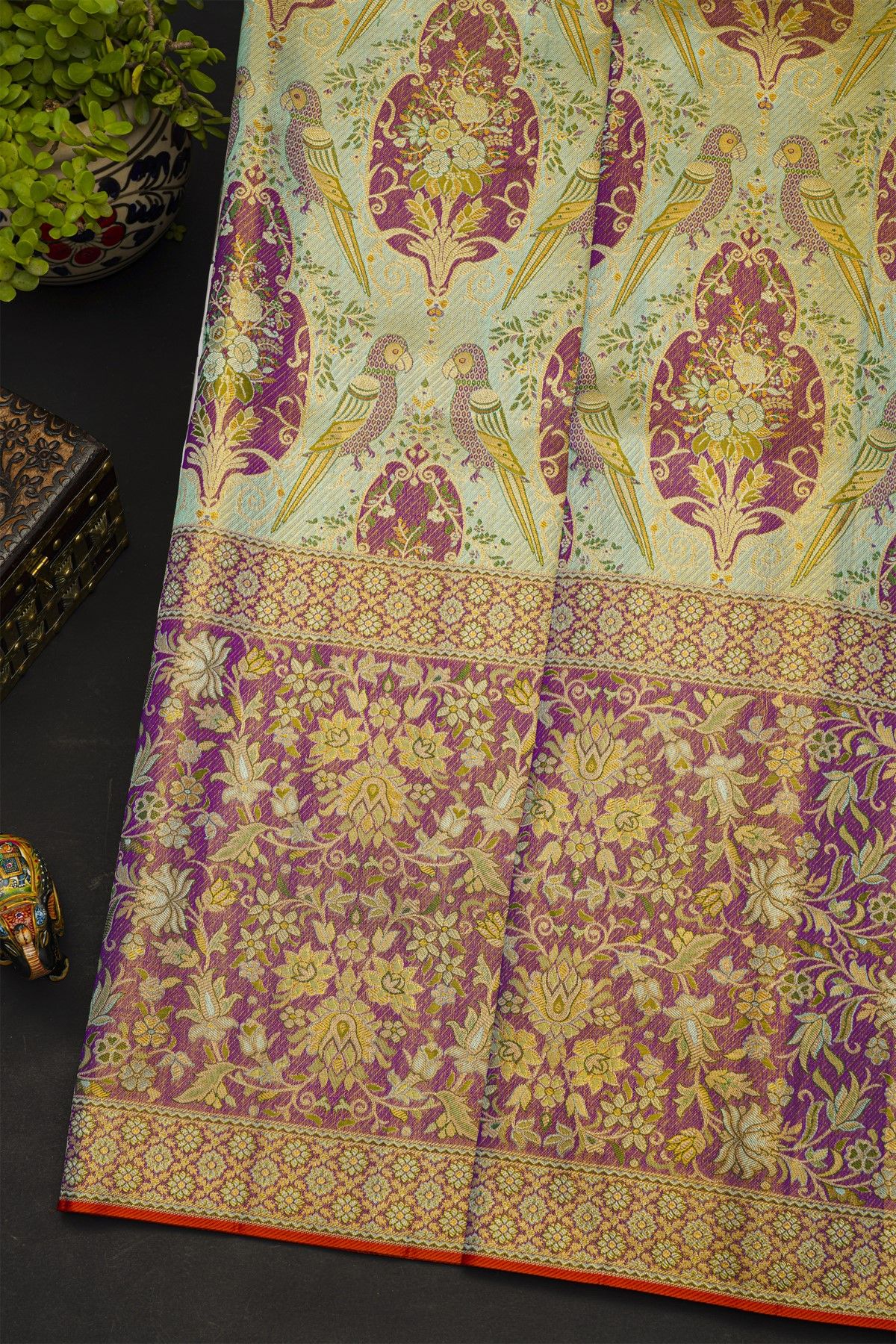 Kancheepuram Silk Sea Green Saree With All Over Meenakari Tissue