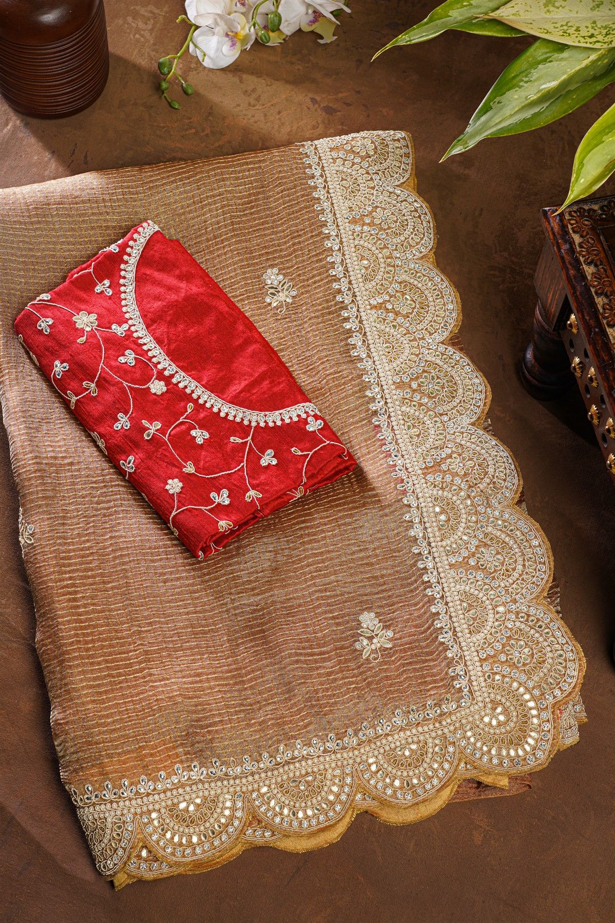 Fancy Crush Organza Brown Saree