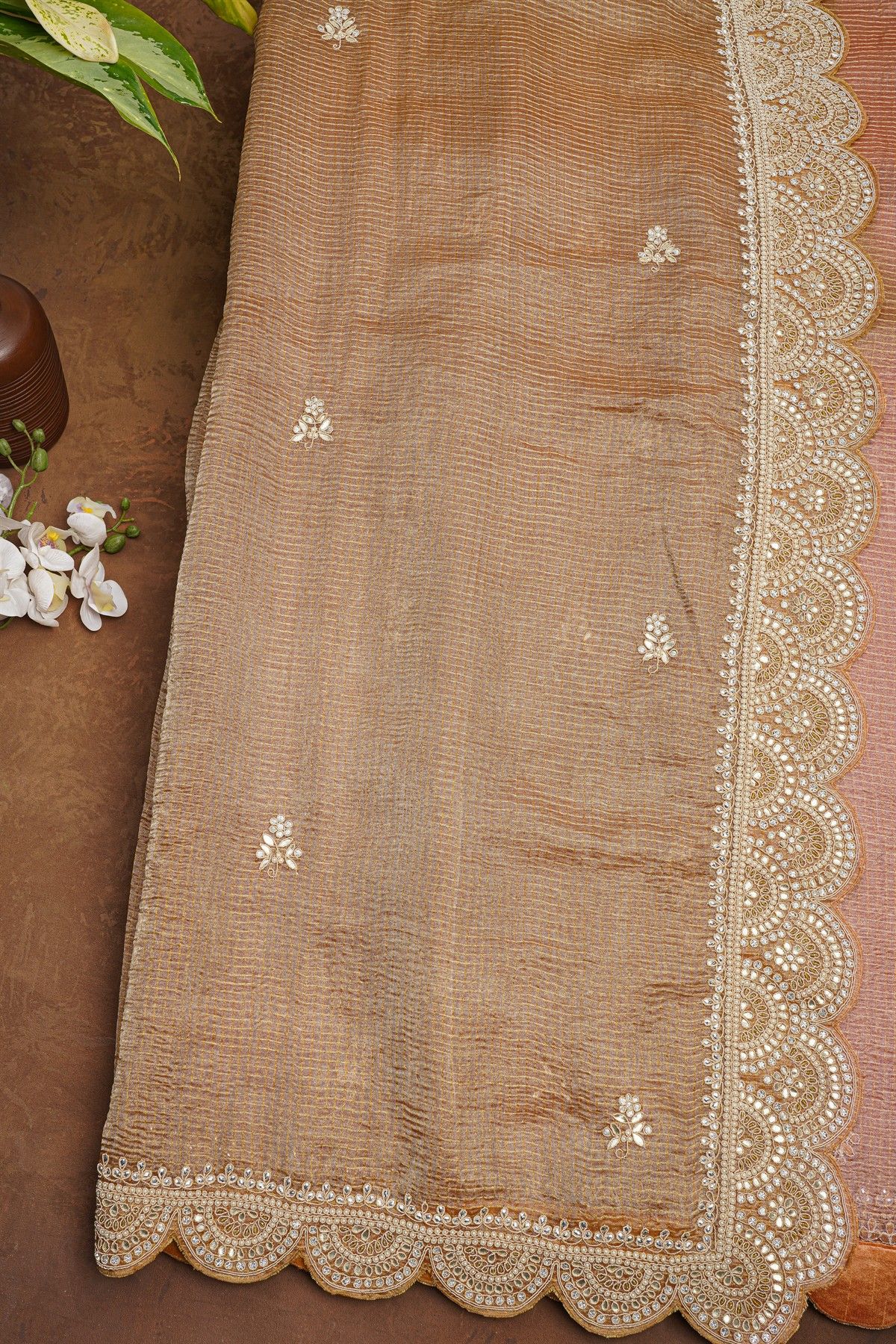 Fancy Crush Organza Brown Saree