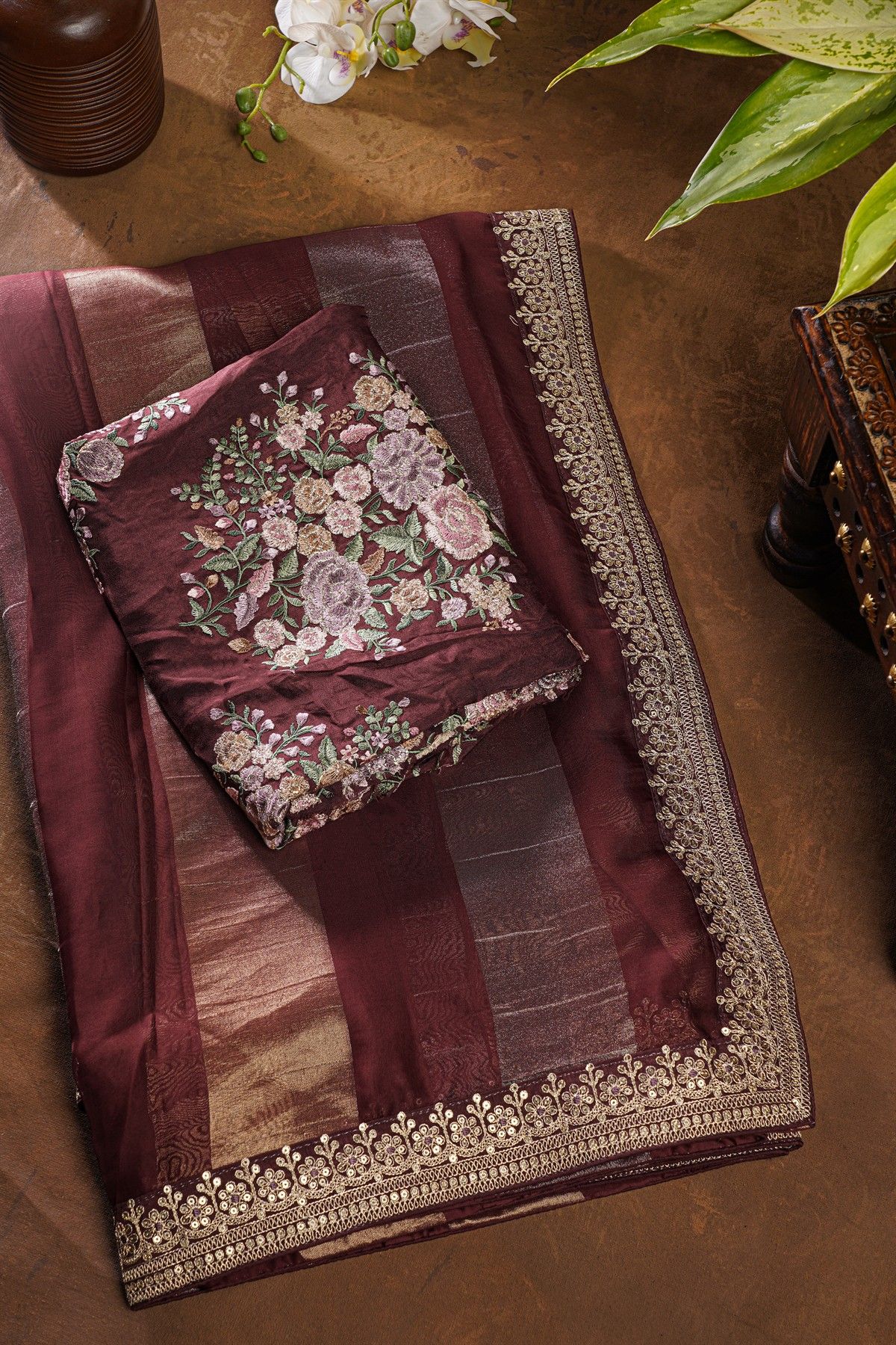 Fancy Kora Dark Maroon Saree