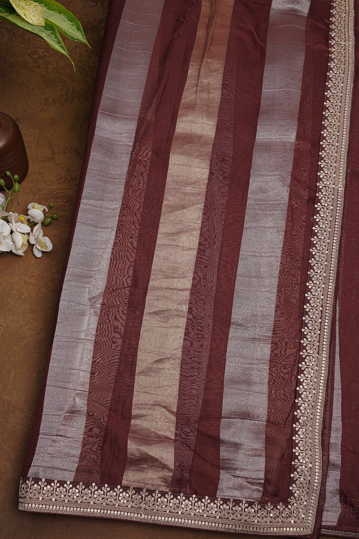 Fancy Kora Dark Maroon Saree