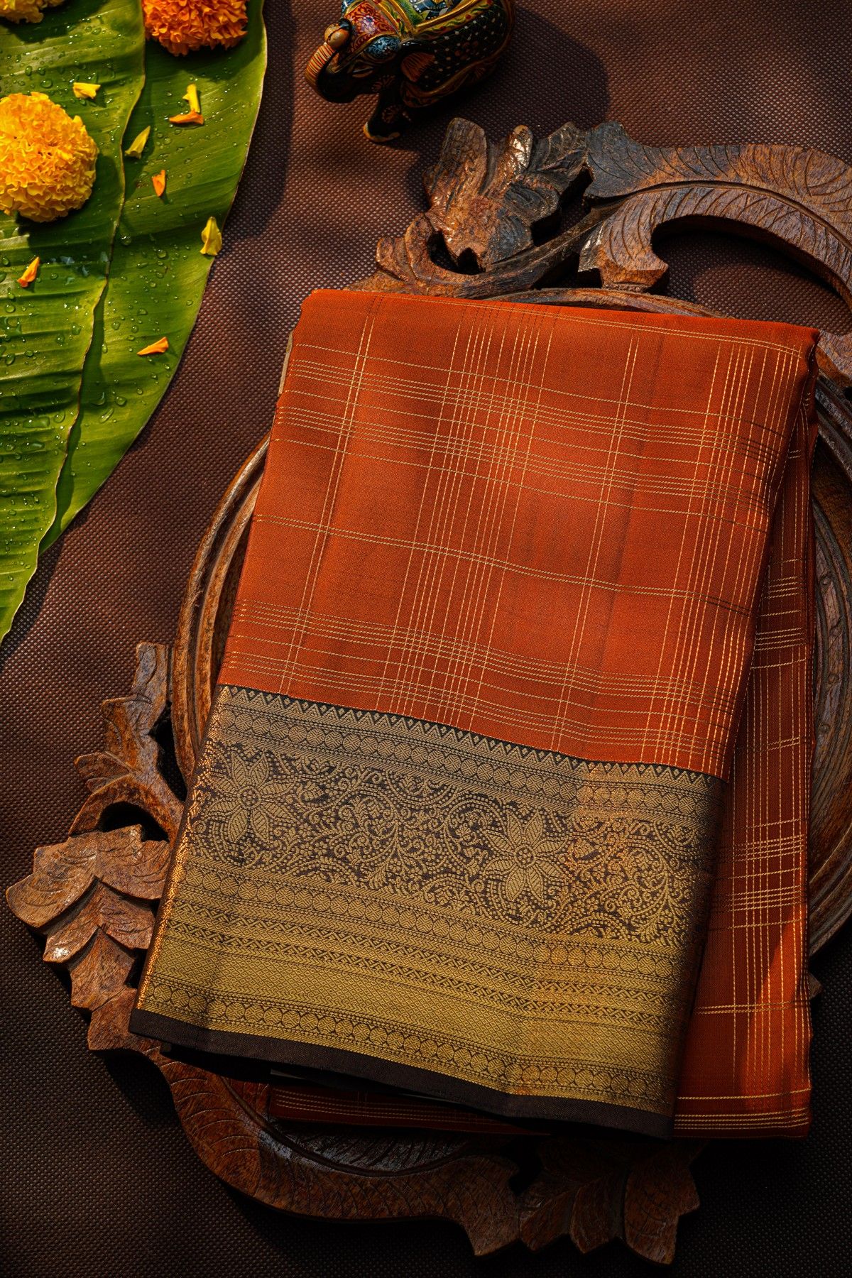 Kanchipuram Silk Rust Saree