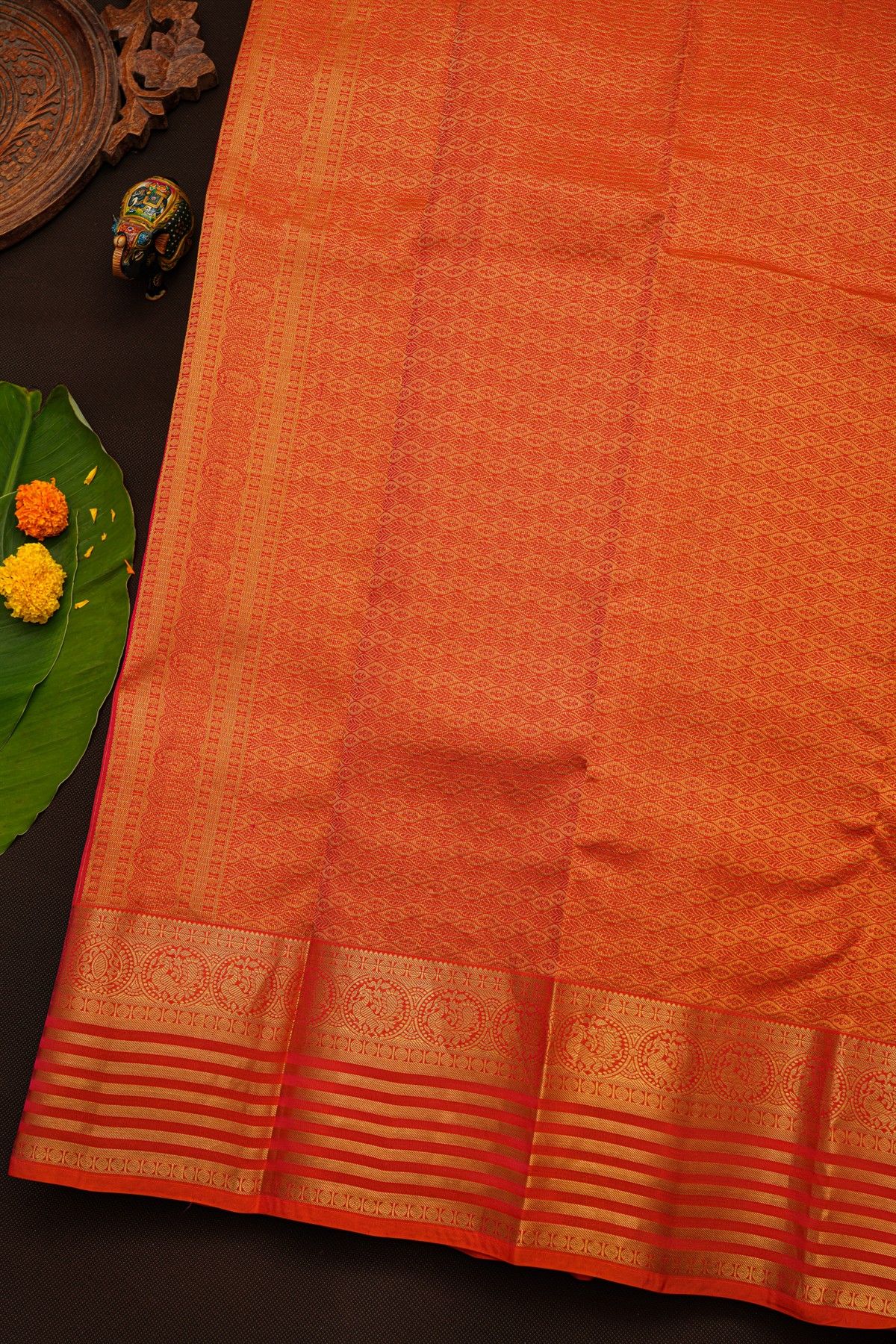 Kanchipuram Silk Orange Saree