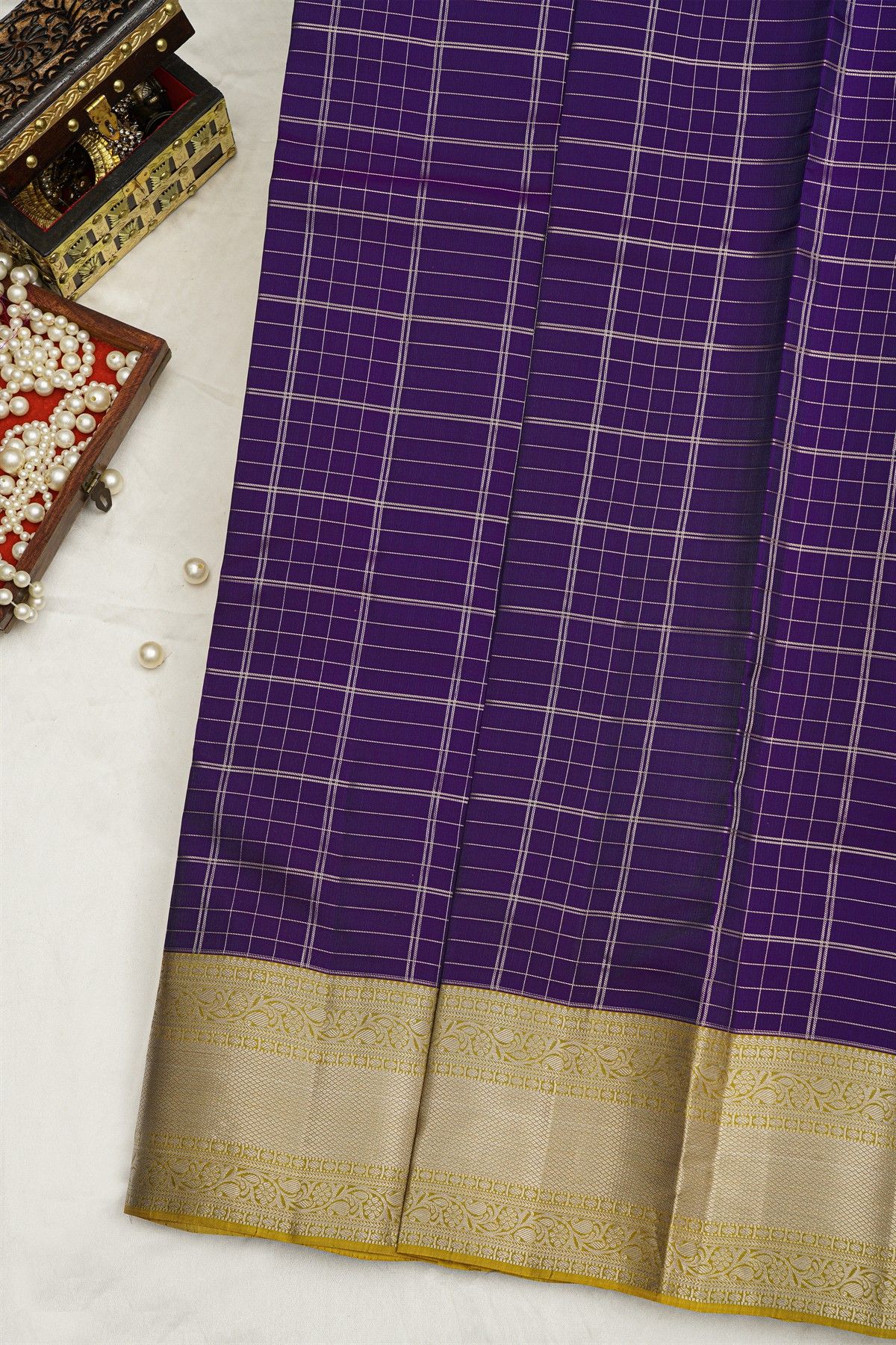 Kancheepuram Silk Purple Saree CHecks Body And Yellow Border
