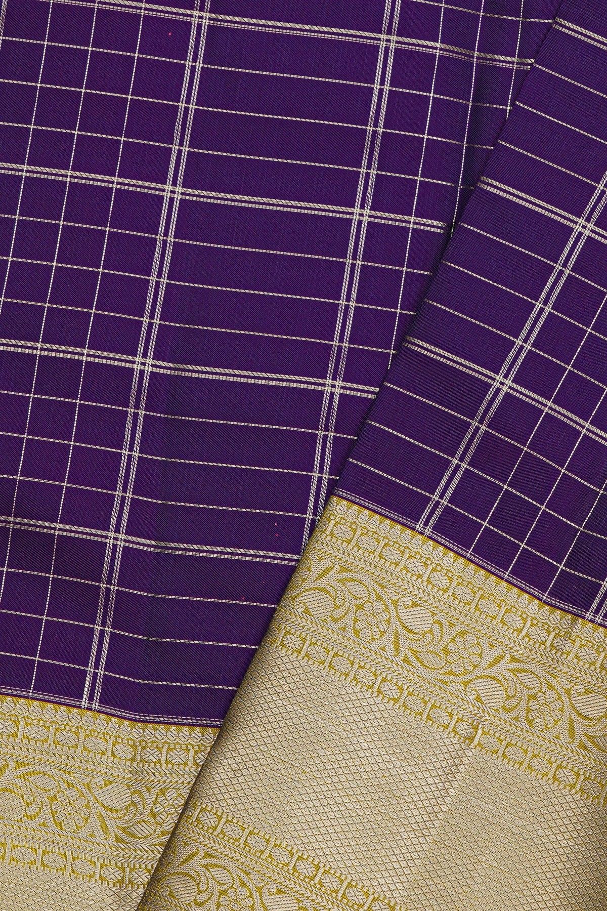Kancheepuram Silk Purple Saree CHecks Body And Yellow Border