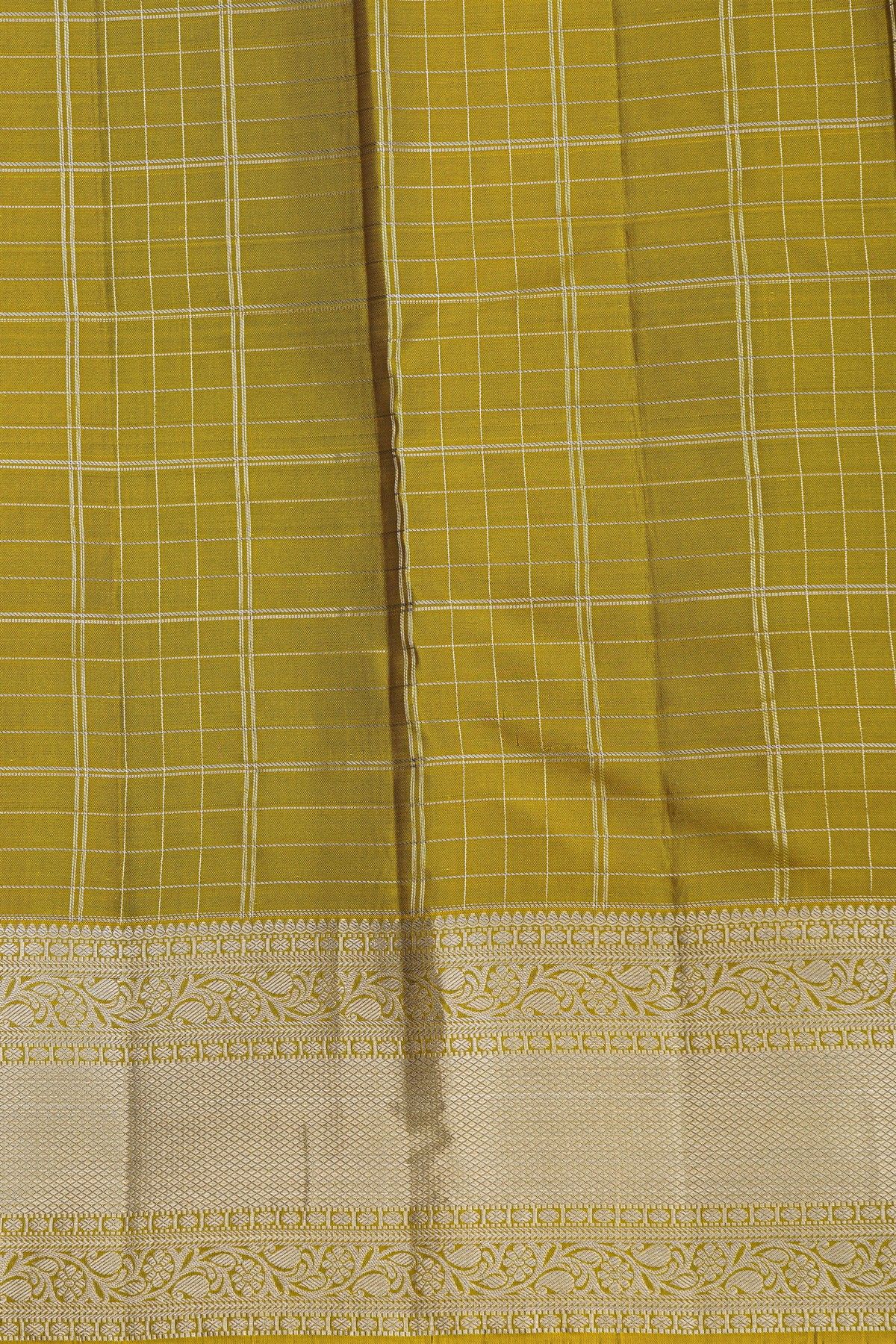Kancheepuram Silk Purple Saree CHecks Body And Yellow Border