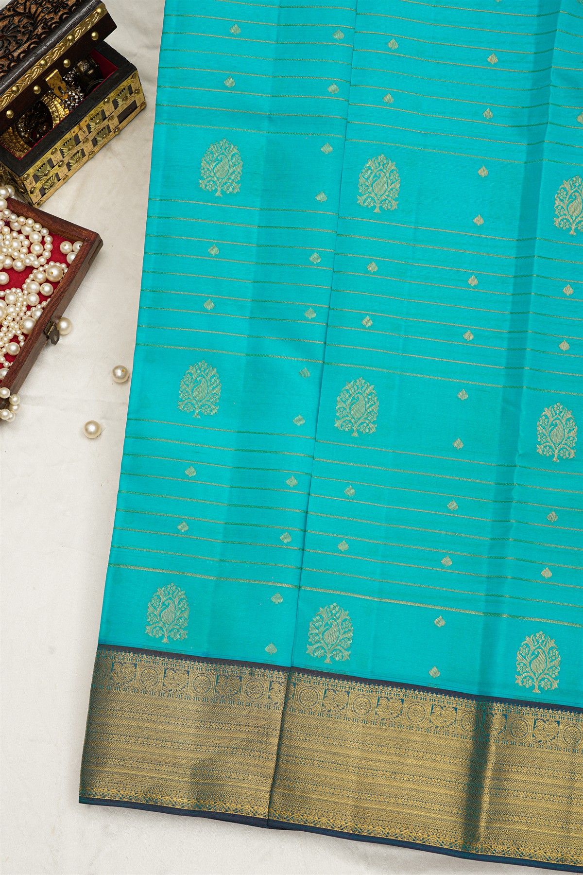 Kancheepuram Silk Sky Blue Saree Zari Lines Body Contrast Border