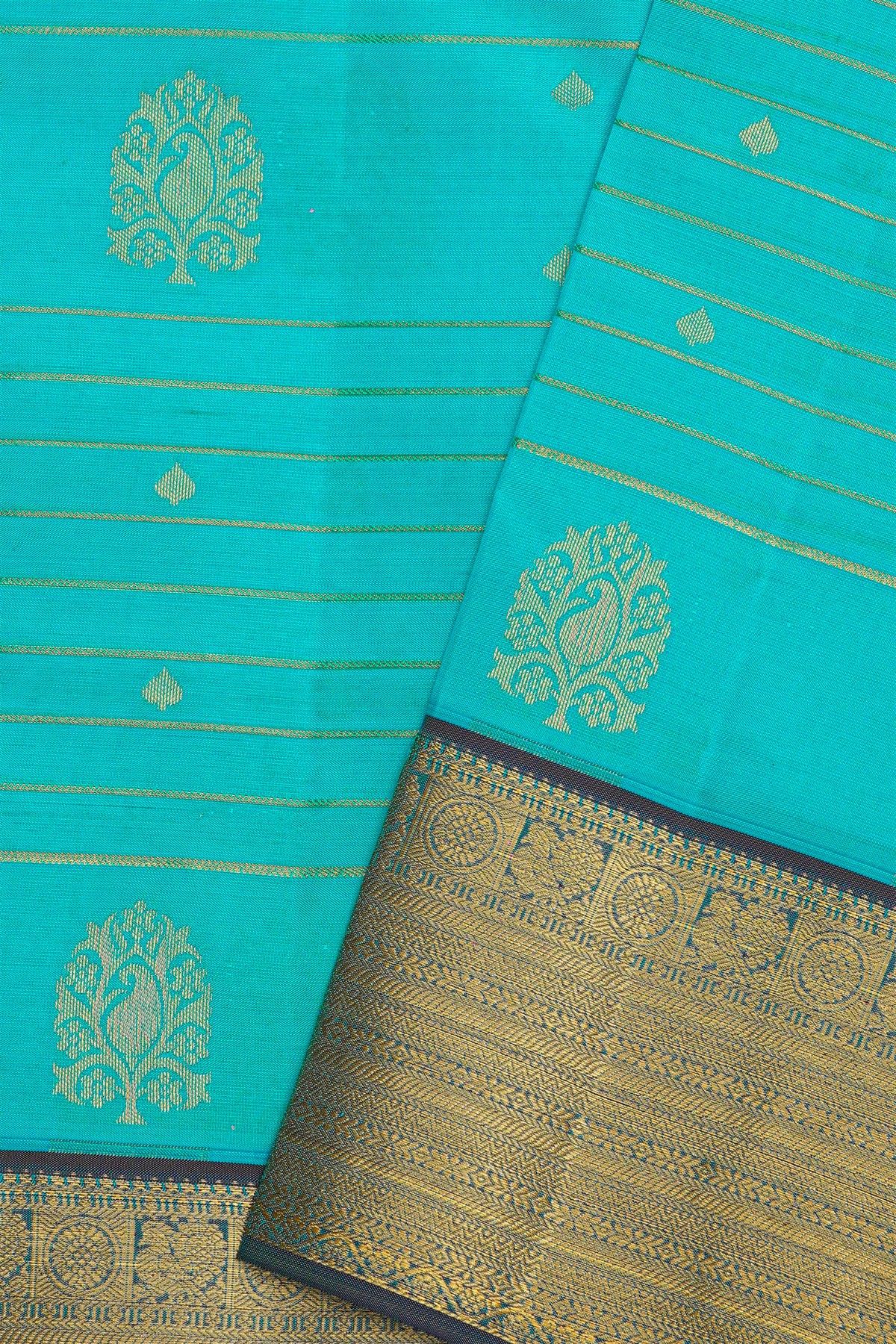 Kancheepuram Silk Sky Blue Saree Zari Lines Body Contrast Border