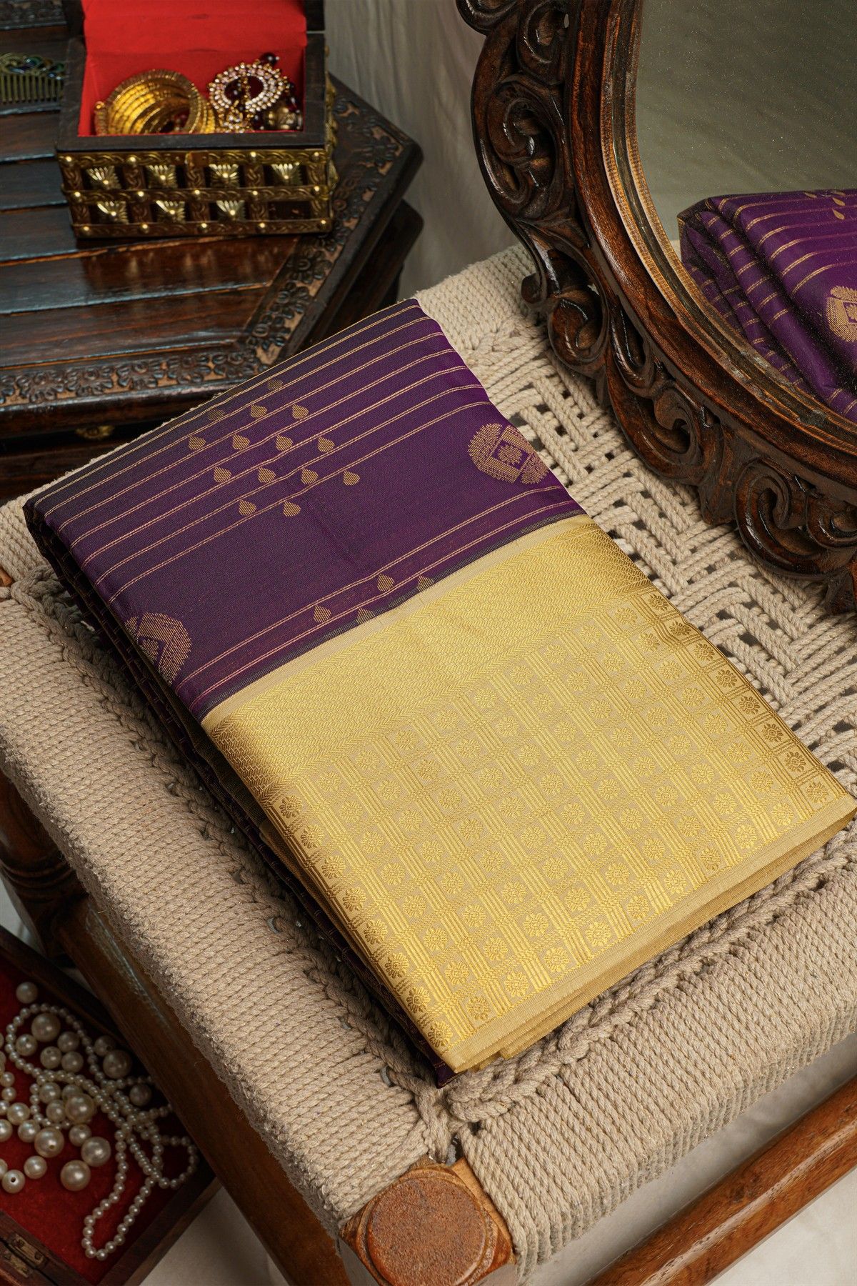 Kancheepuram Silk Purple Saree With Checks Body Pastel Border