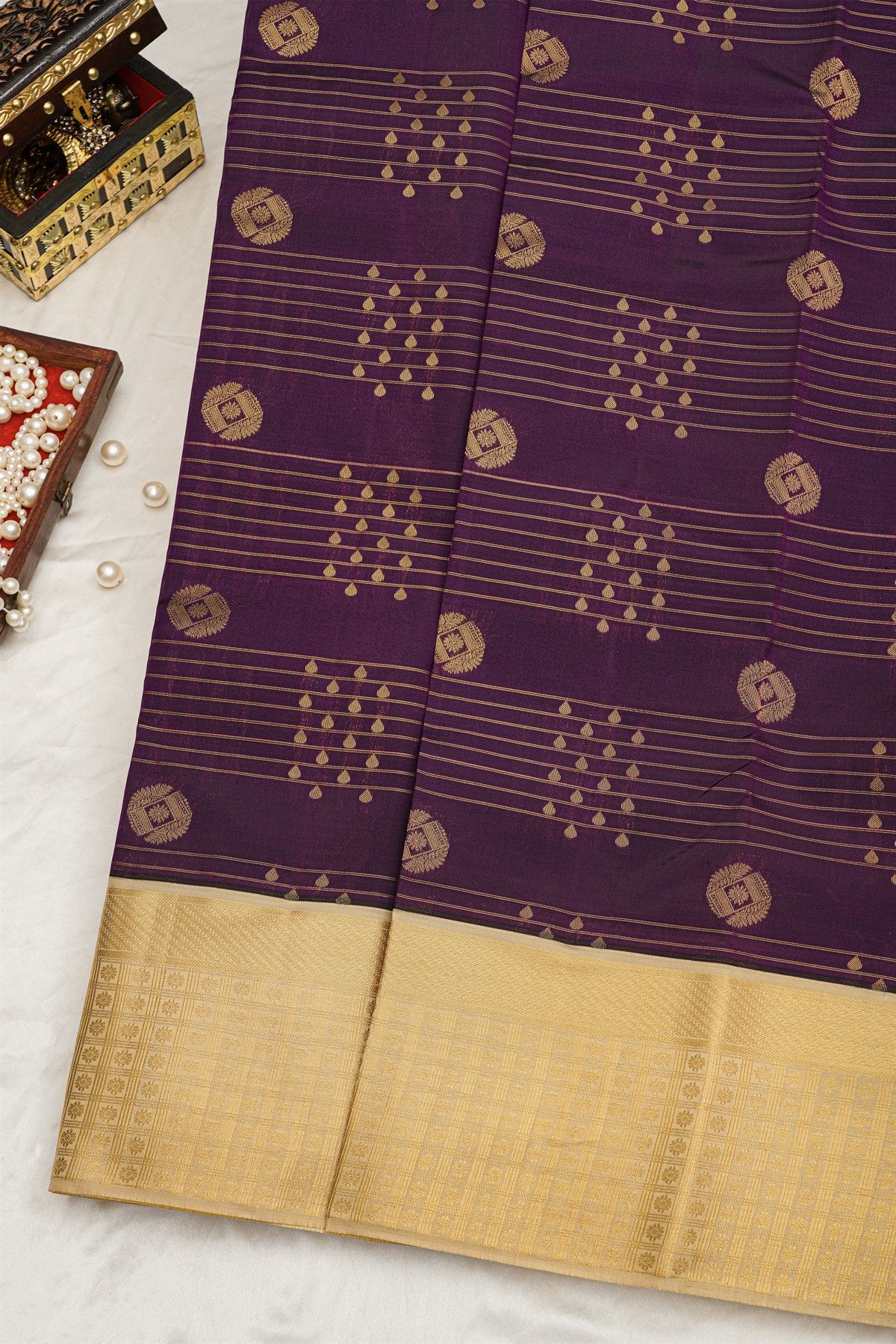 Kancheepuram Silk Purple Saree With Checks Body Pastel Border
