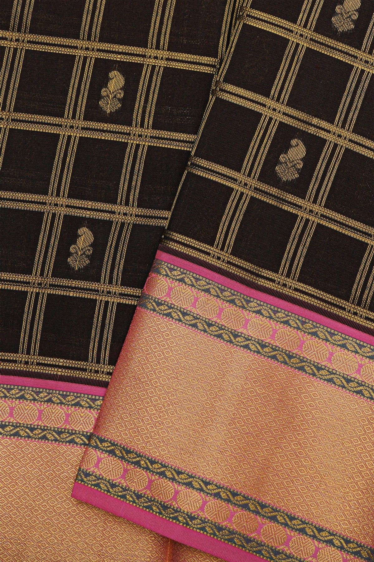 Kancheepuram Silk Wine Saree Checks Body Contrast Border