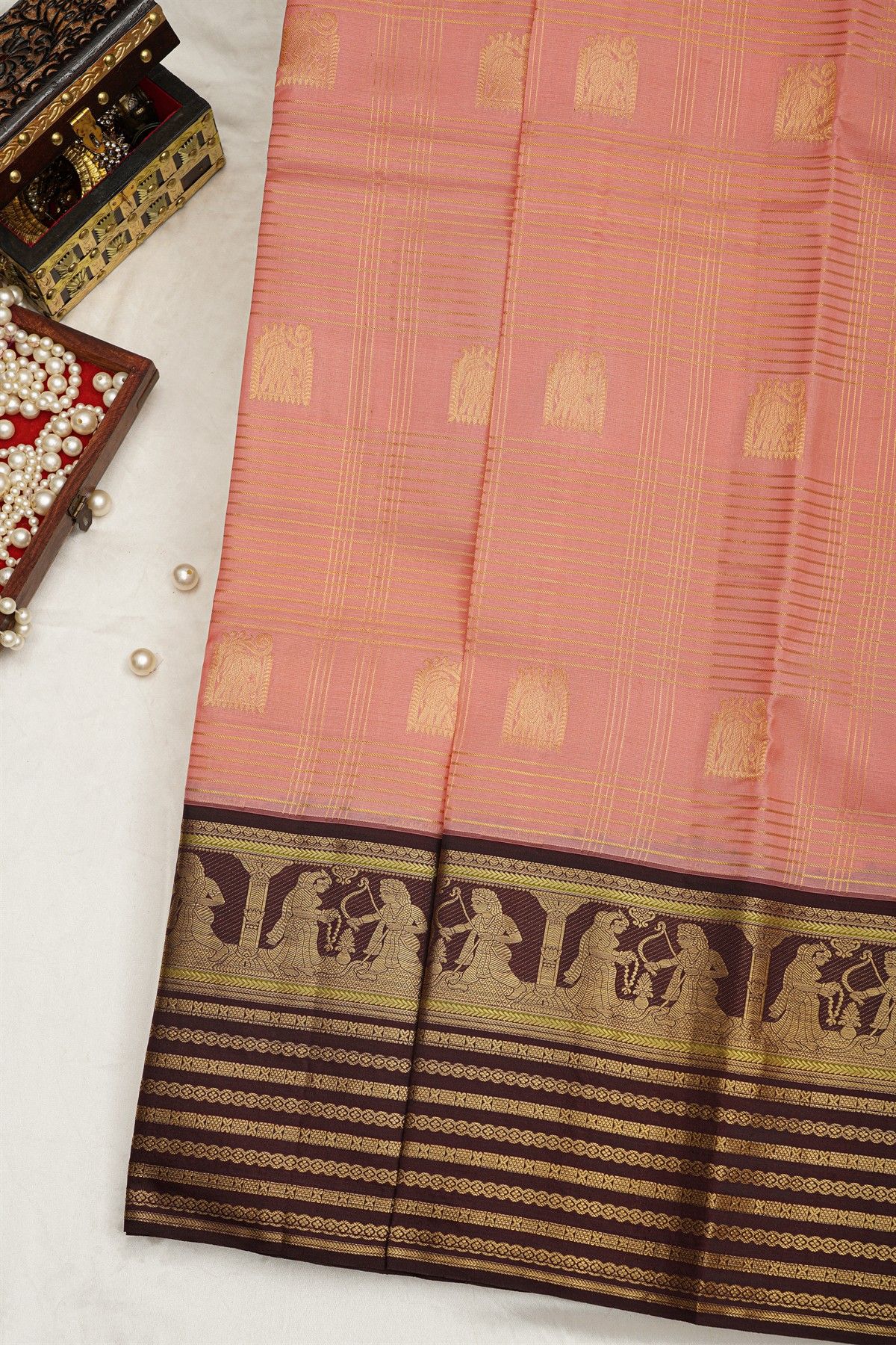 Kancheepuram Silk Baby Pink Colour Saree Checks Body Traditional Border