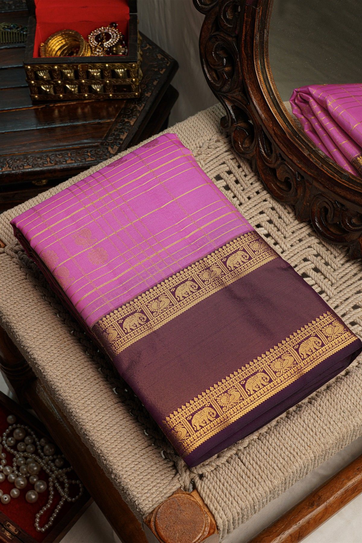 Kancheepuram Silk Light Pink Saree With Checks Body Gap Border