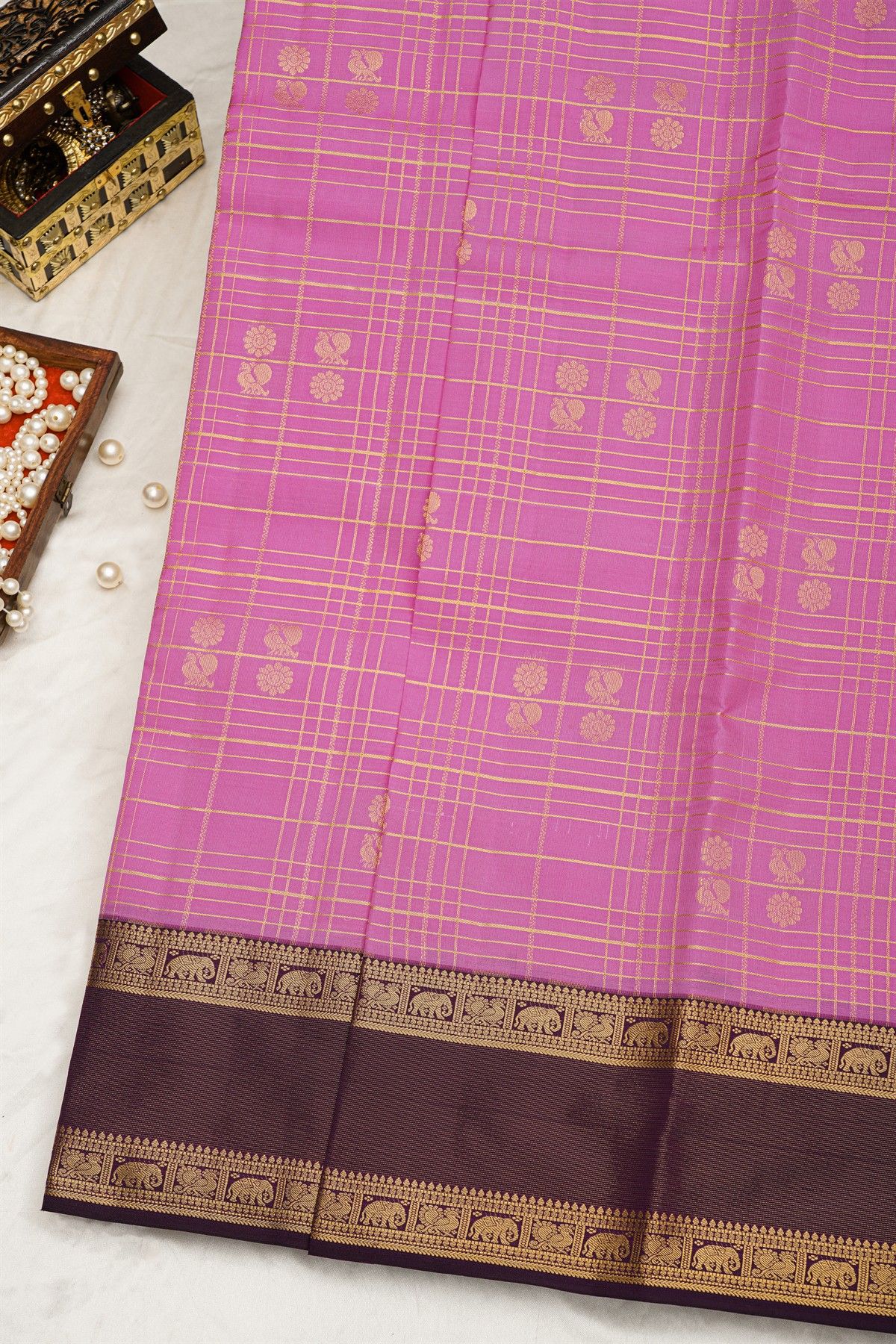 Kancheepuram Silk Light Pink Saree With Checks Body Gap Border