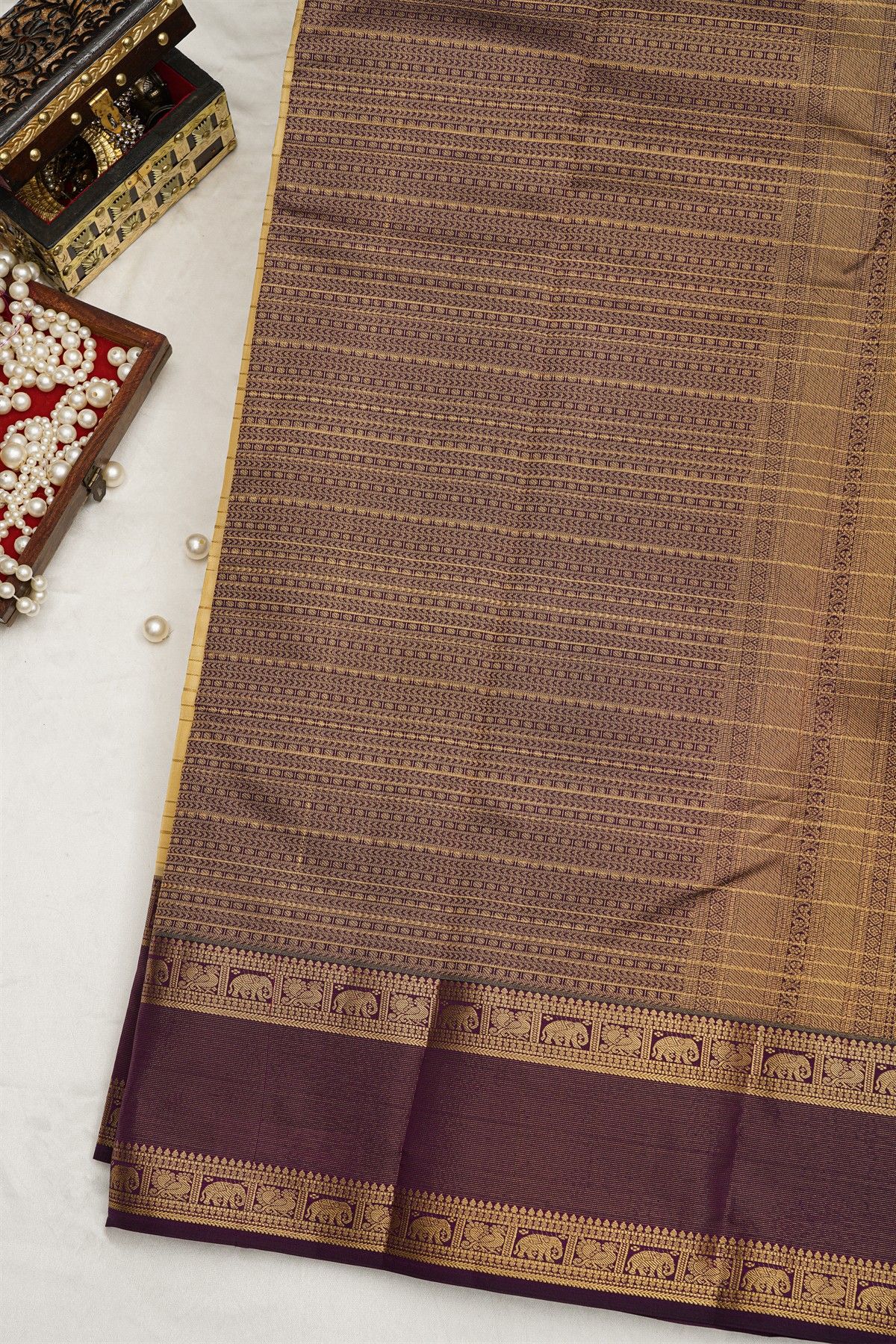 Kancheepuram Silk Yellow Colour Saree With Zari Checks And Gap Border