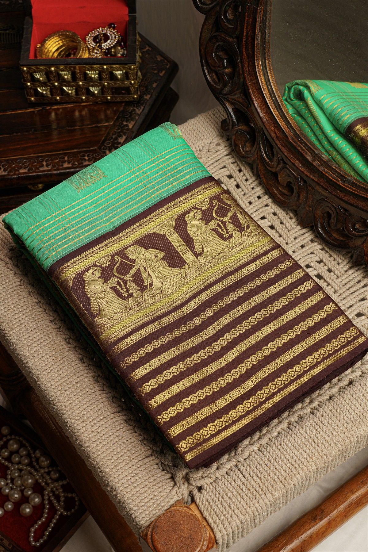 Kancheepuram Silk Sea Green Saree With Checks Body Traditional Border