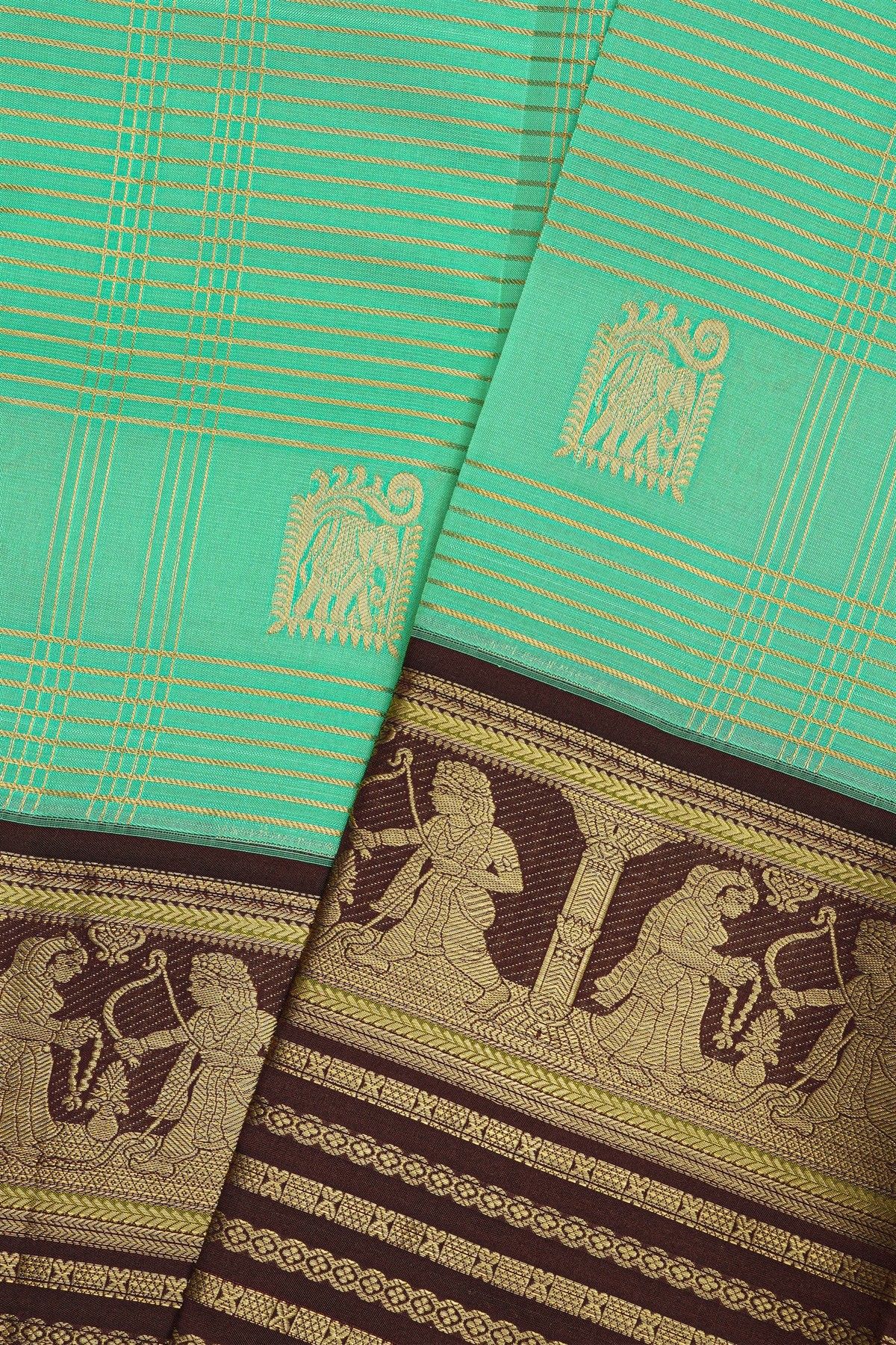 Kancheepuram Silk Sea Green Saree With Checks Body Traditional Border