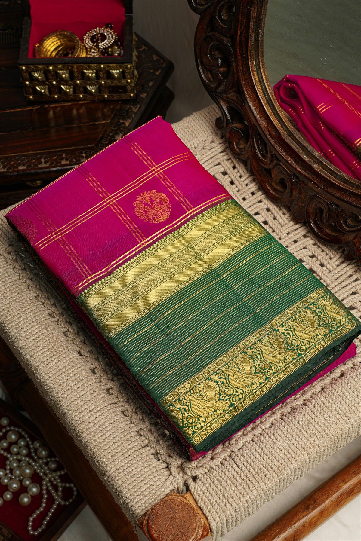 Kancheepuram Silk Pink Saree Checks Body Green Border