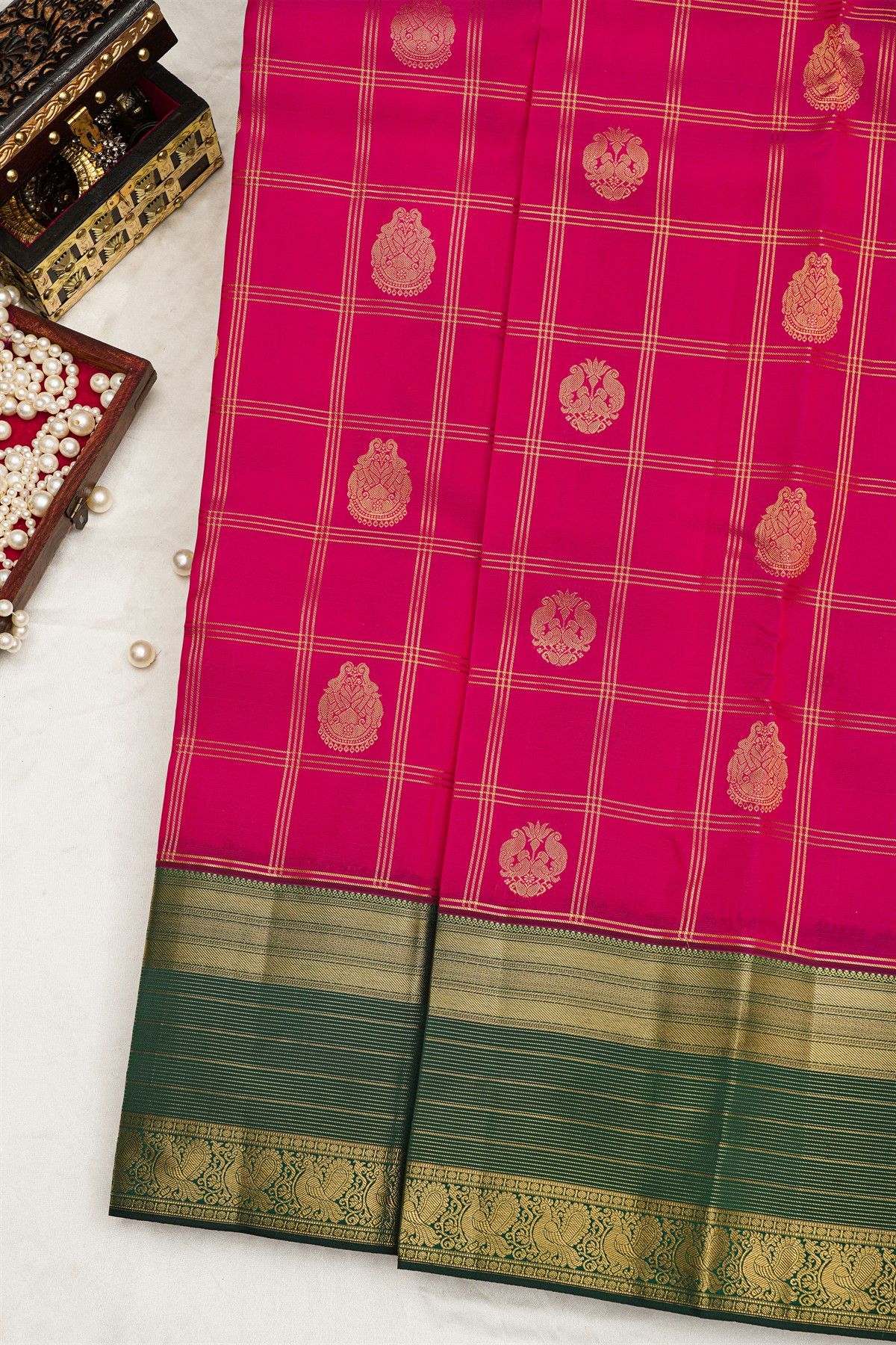 Kancheepuram Silk Pink Saree Checks Body Green Border