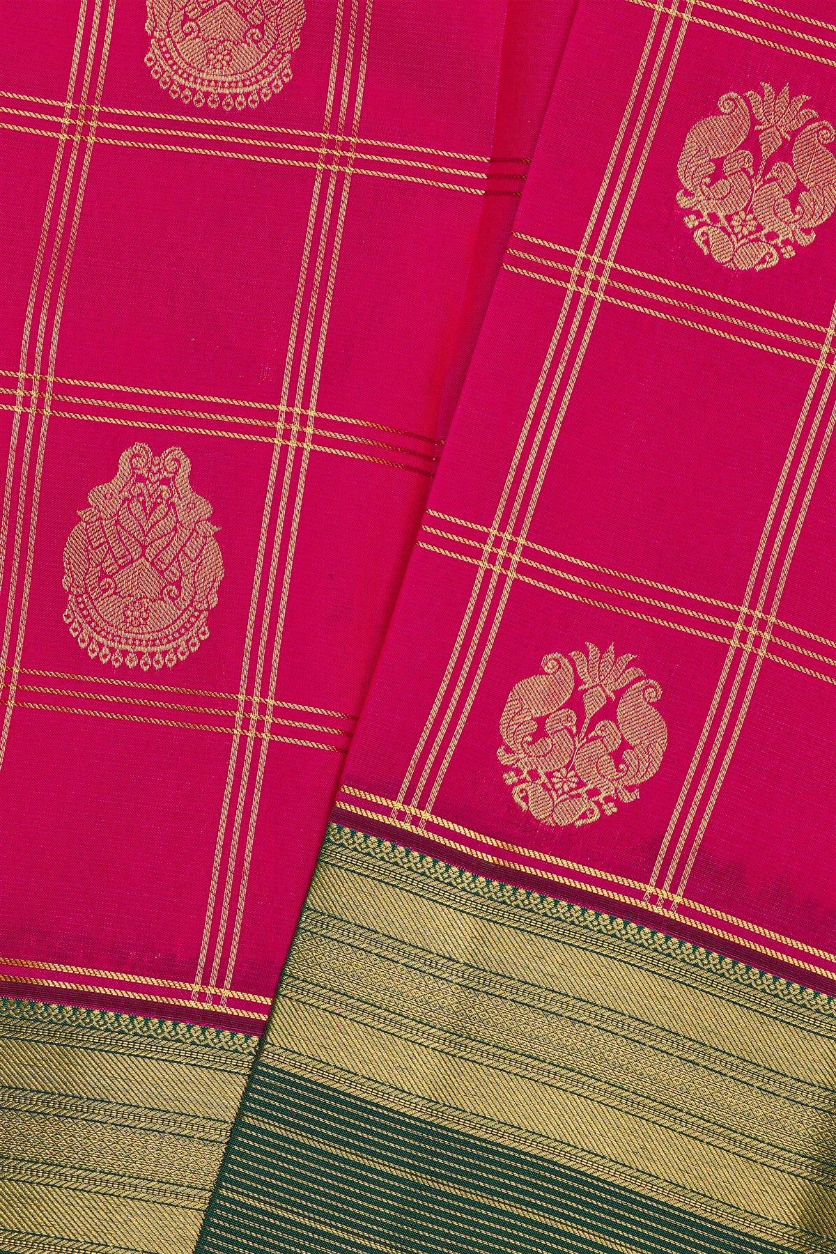 Kancheepuram Silk Pink Saree Checks Body Green Border