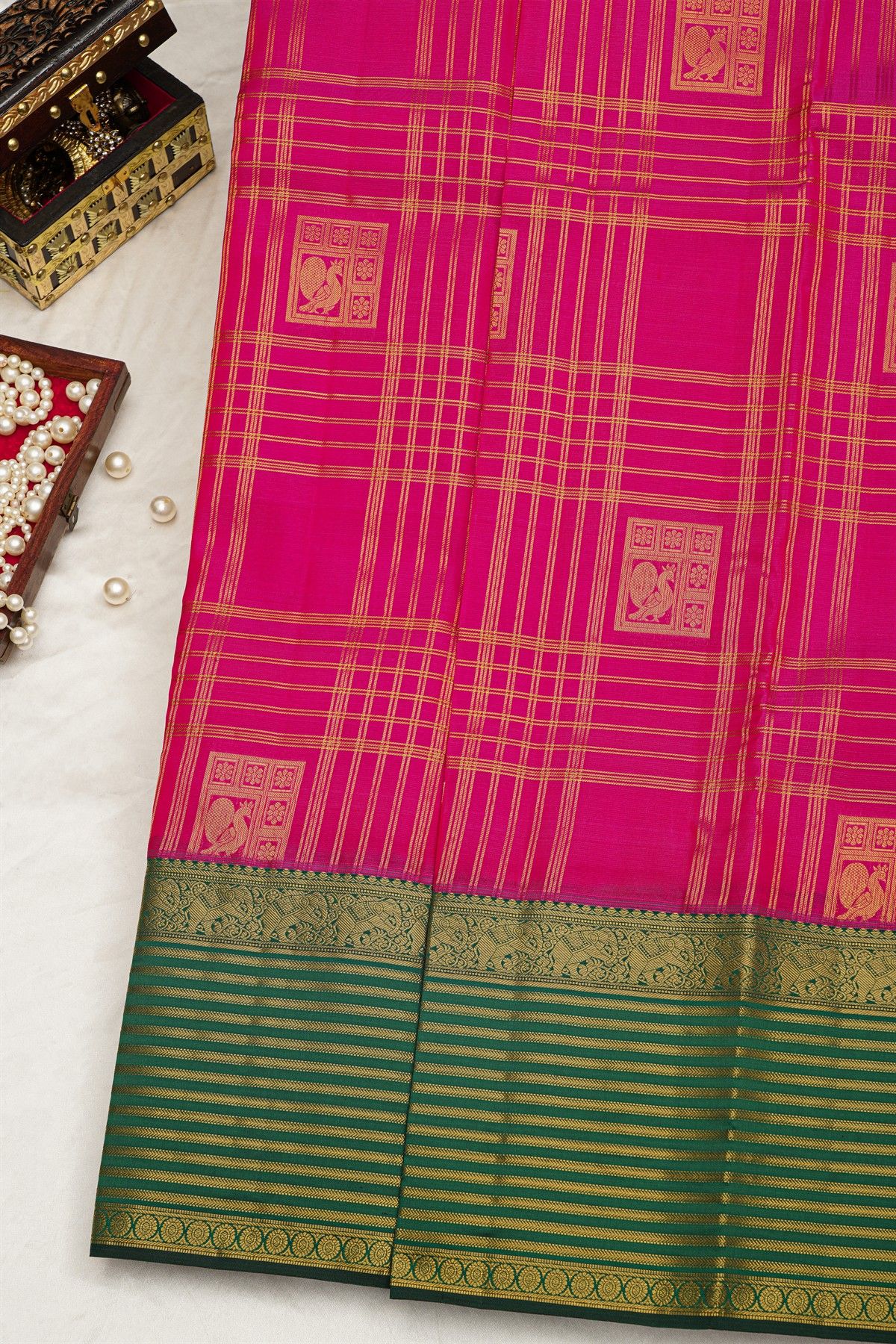 Kancheepuram Silk Pink Saree Checks Body Zari Lines Border