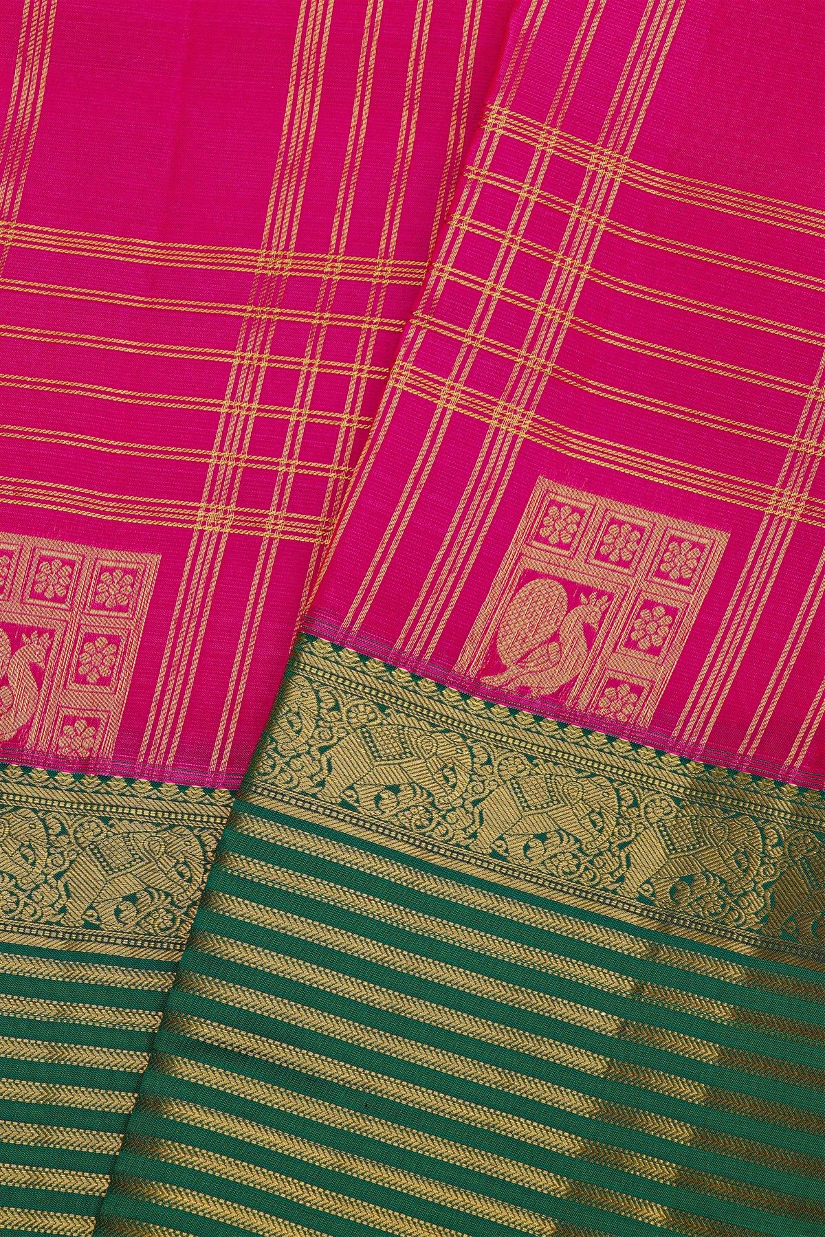Kancheepuram Silk Pink Saree Checks Body Zari Lines Border