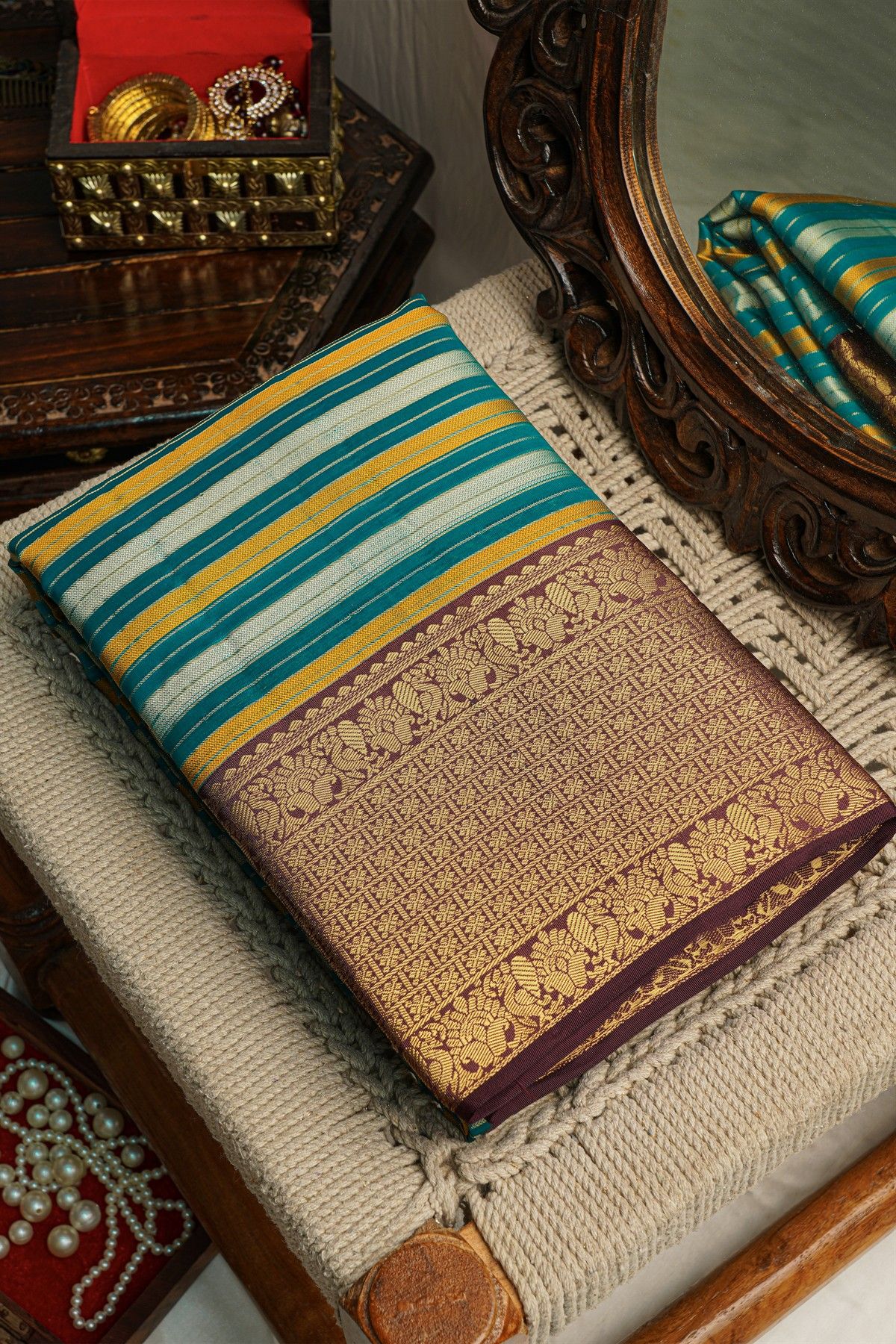 Kancheepuram Silk Multi-Colour Saree With Contrast Border