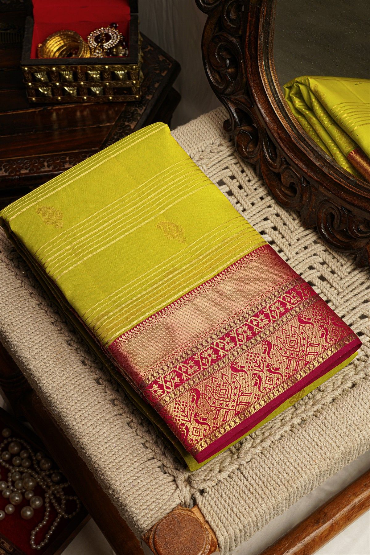 Kancheepuram Silk Mehendi Green Saree With Zari Lines Body Red Border