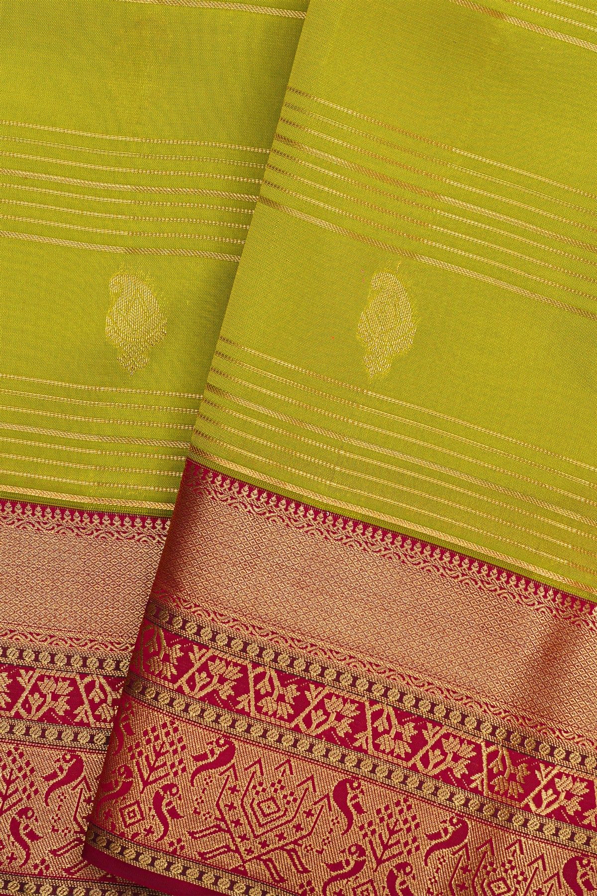 Kancheepuram Silk Mehendi Green Saree With Zari Lines Body Red Border