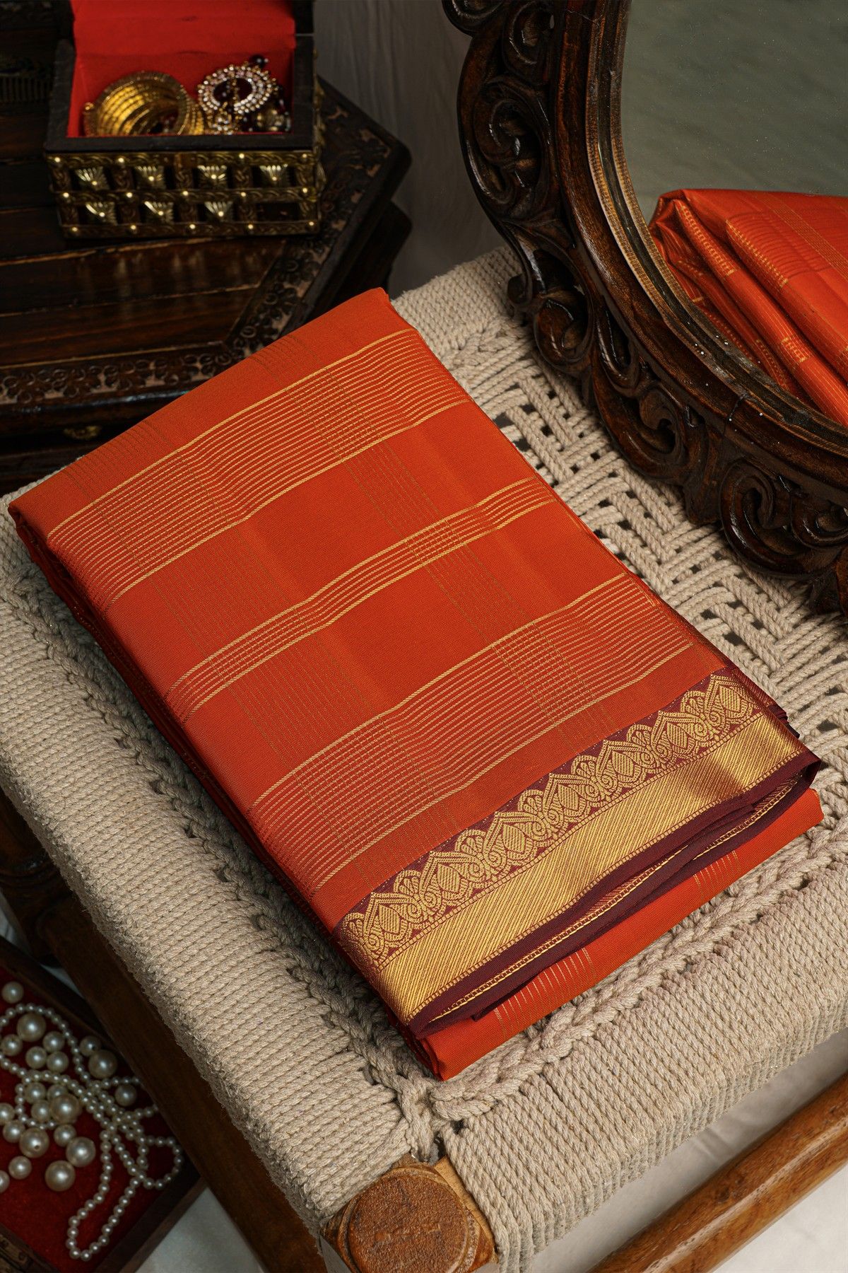 Kancheepuram Silk Orange Saree Zari CHecks Body Contrast Border