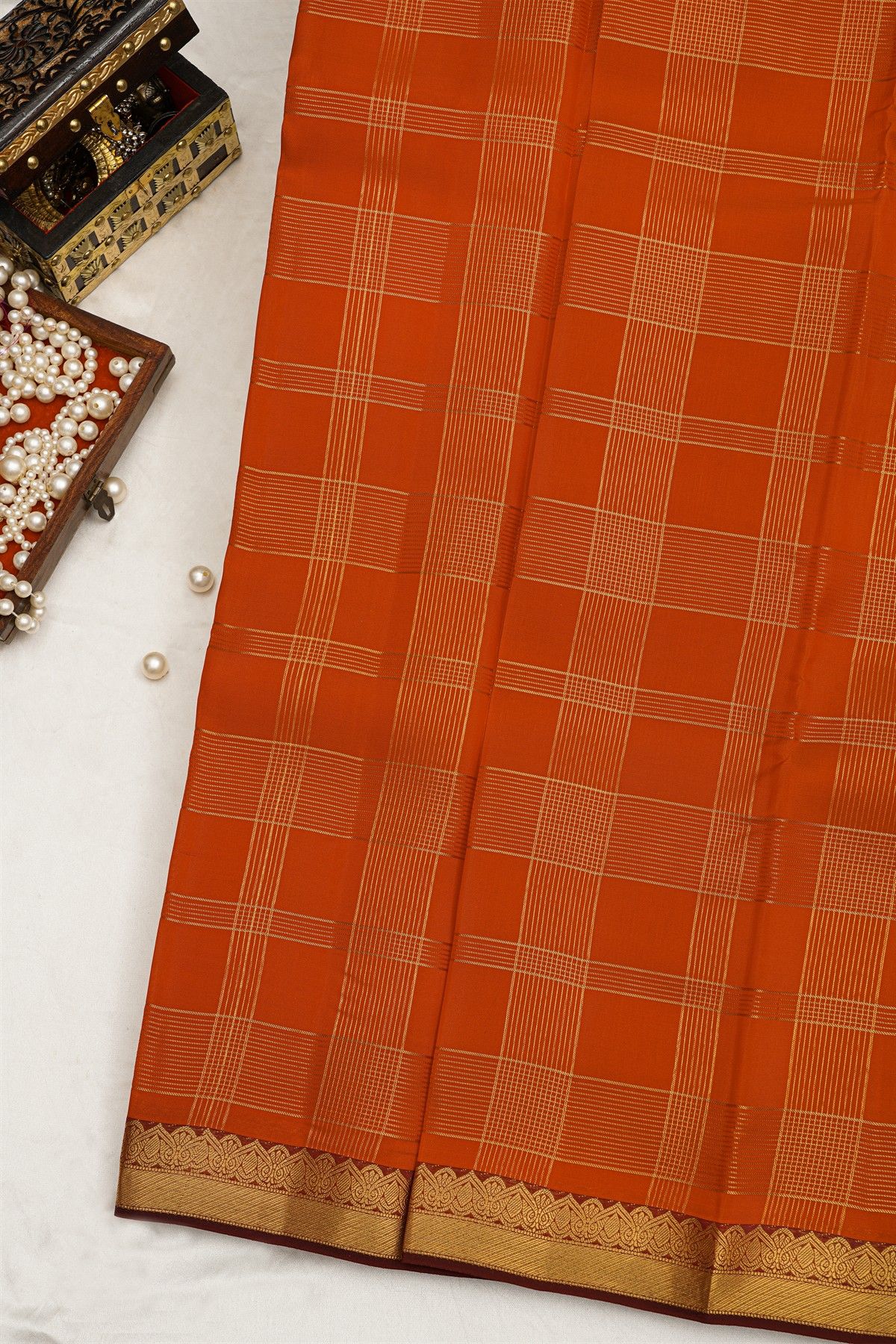 Kancheepuram Silk Orange Saree Zari CHecks Body Contrast Border