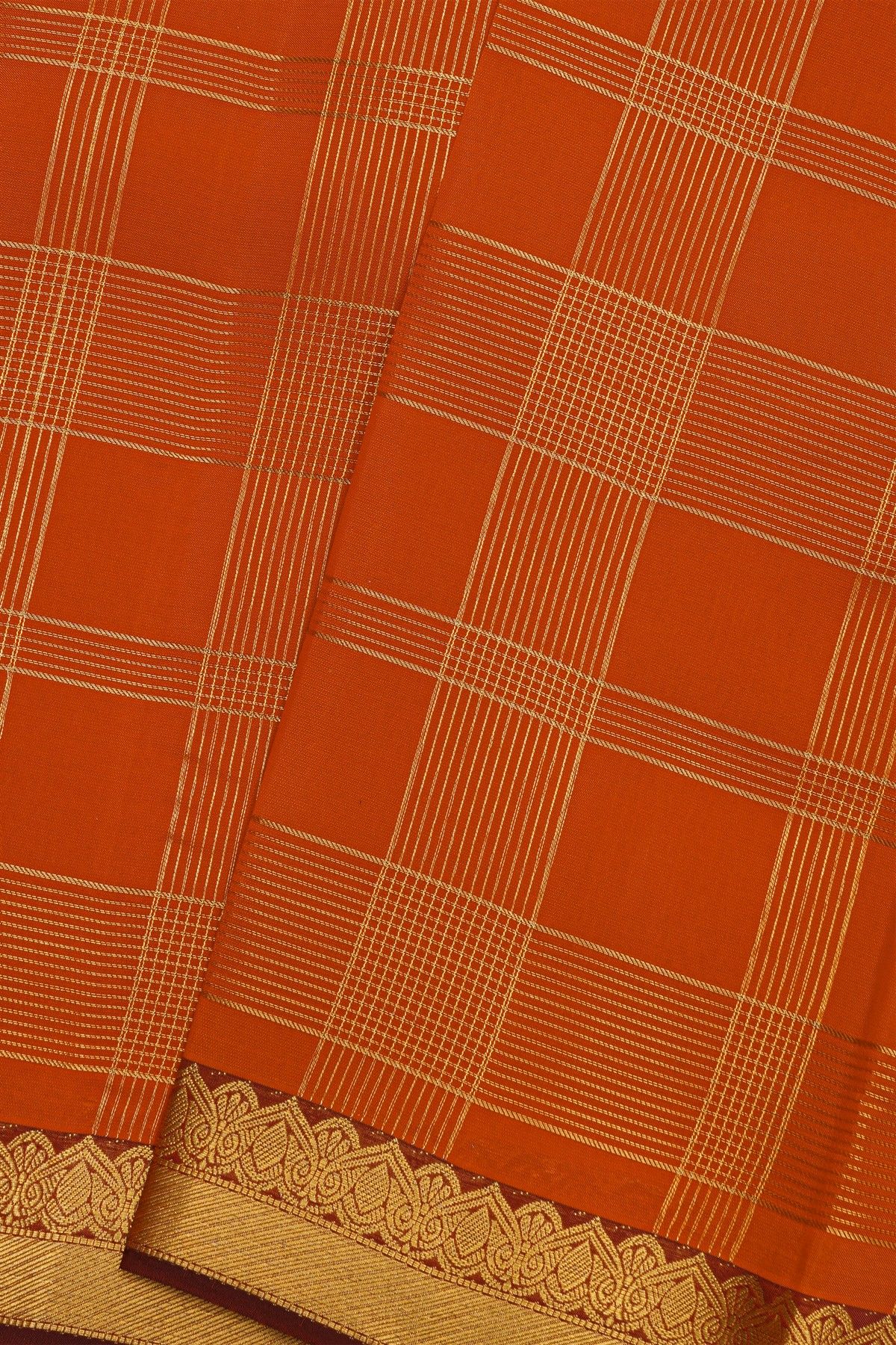 Kancheepuram Silk Orange Saree Zari CHecks Body Contrast Border