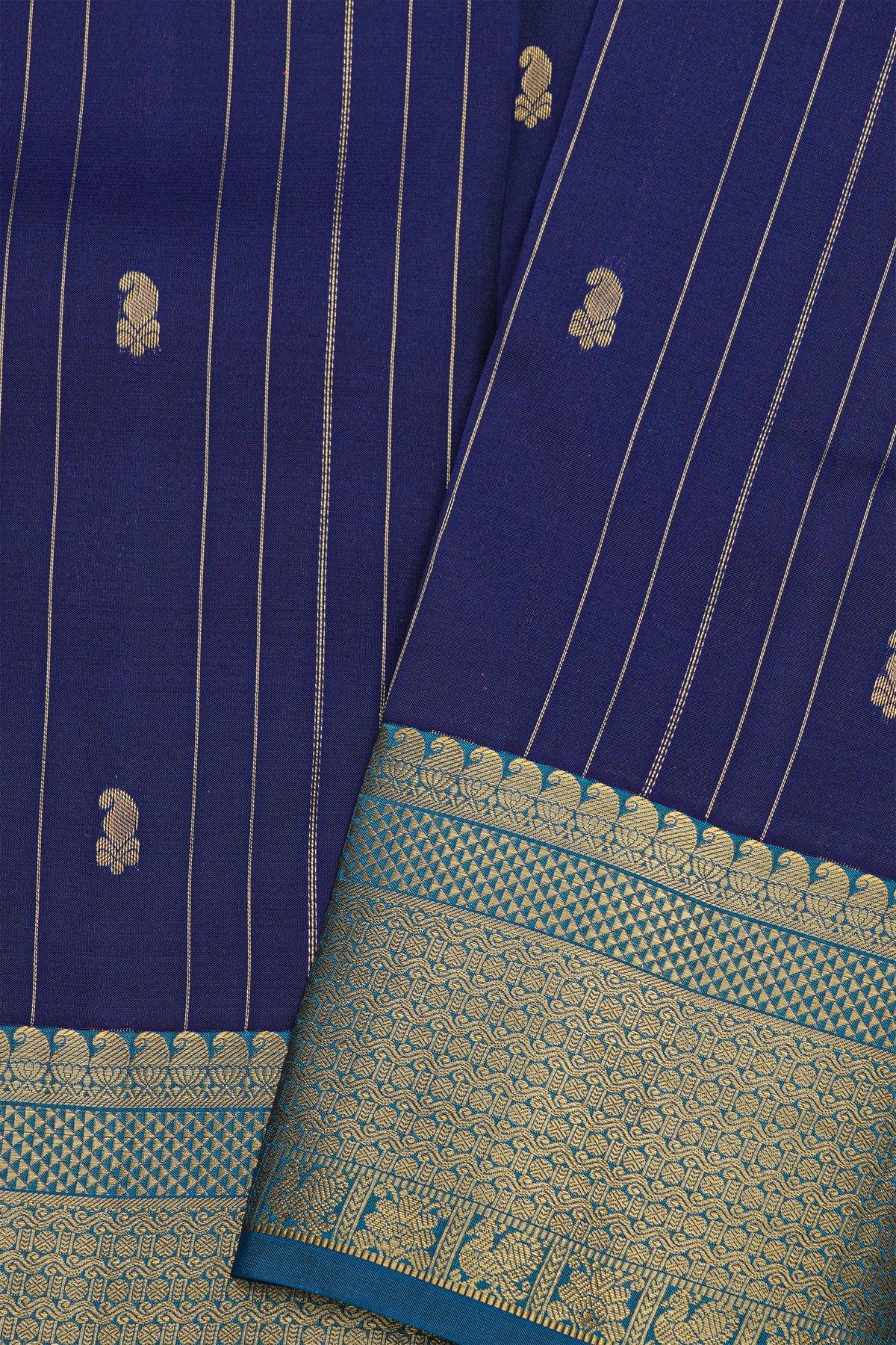 Kancheepuram Silk Royal Blue Saree Zari Lines Body With Contrast Border