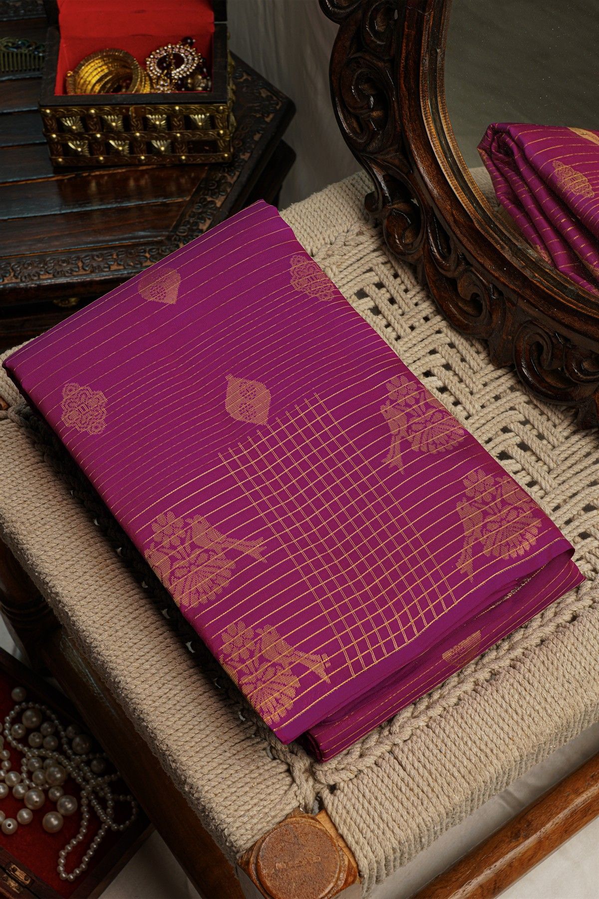 Kancheepuram Silk Purple Saree Floral Lines Body Open Border