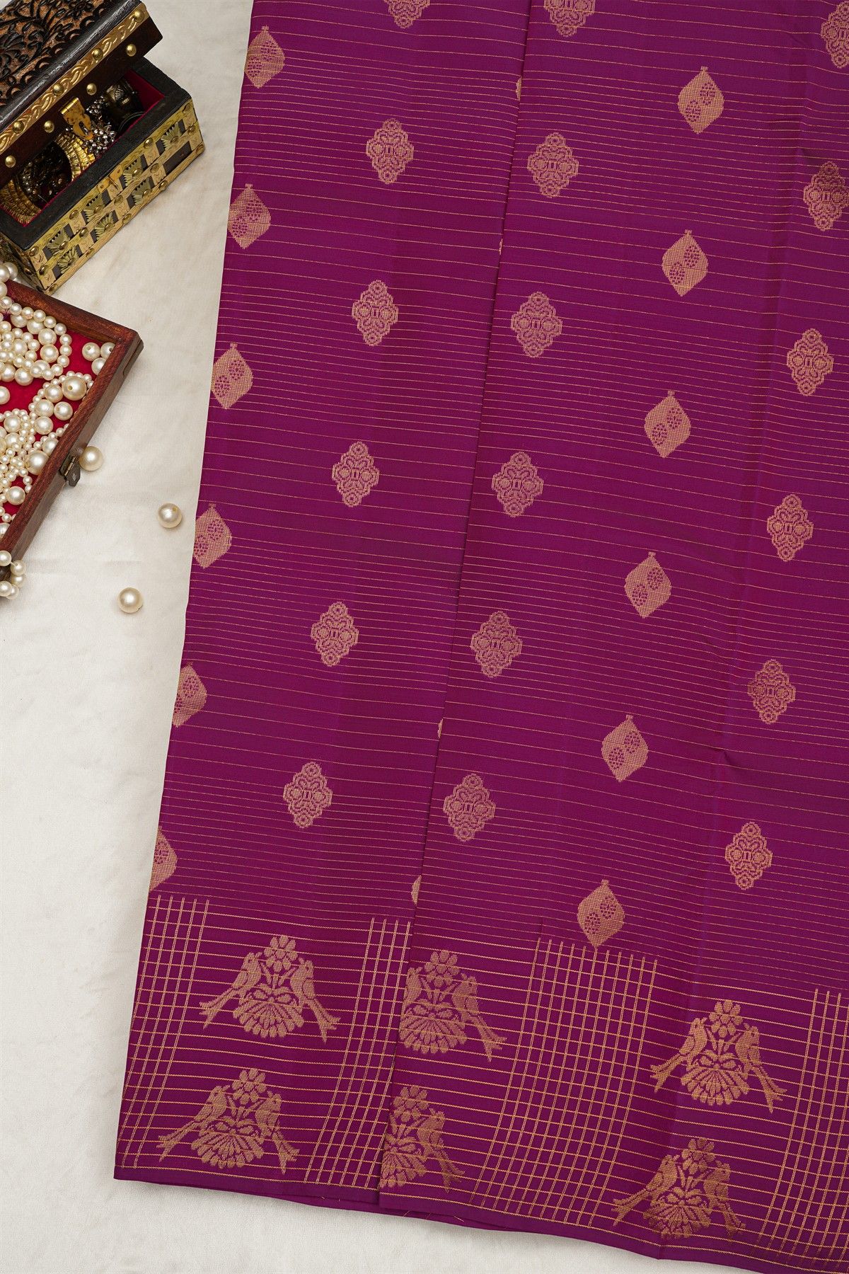 Kancheepuram Silk Purple Saree Floral Lines Body Open Border
