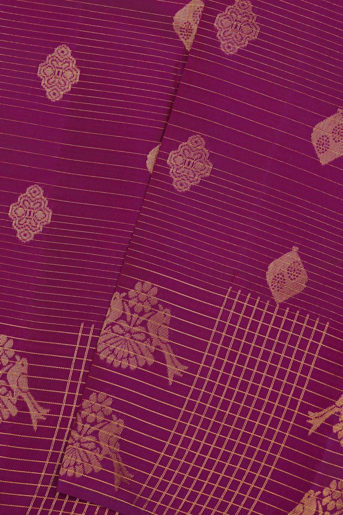 Kancheepuram Silk Purple Saree Floral Lines Body Open Border