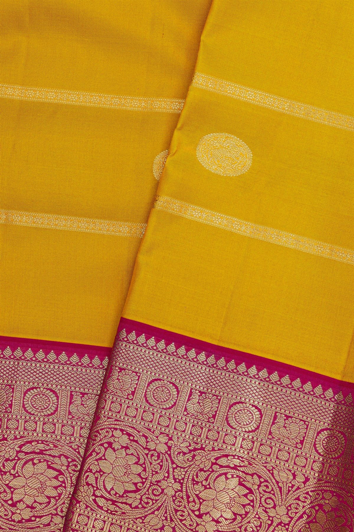 Kancheepuram Silk Mustard Saree With Zari Lines Body Contrast Border
