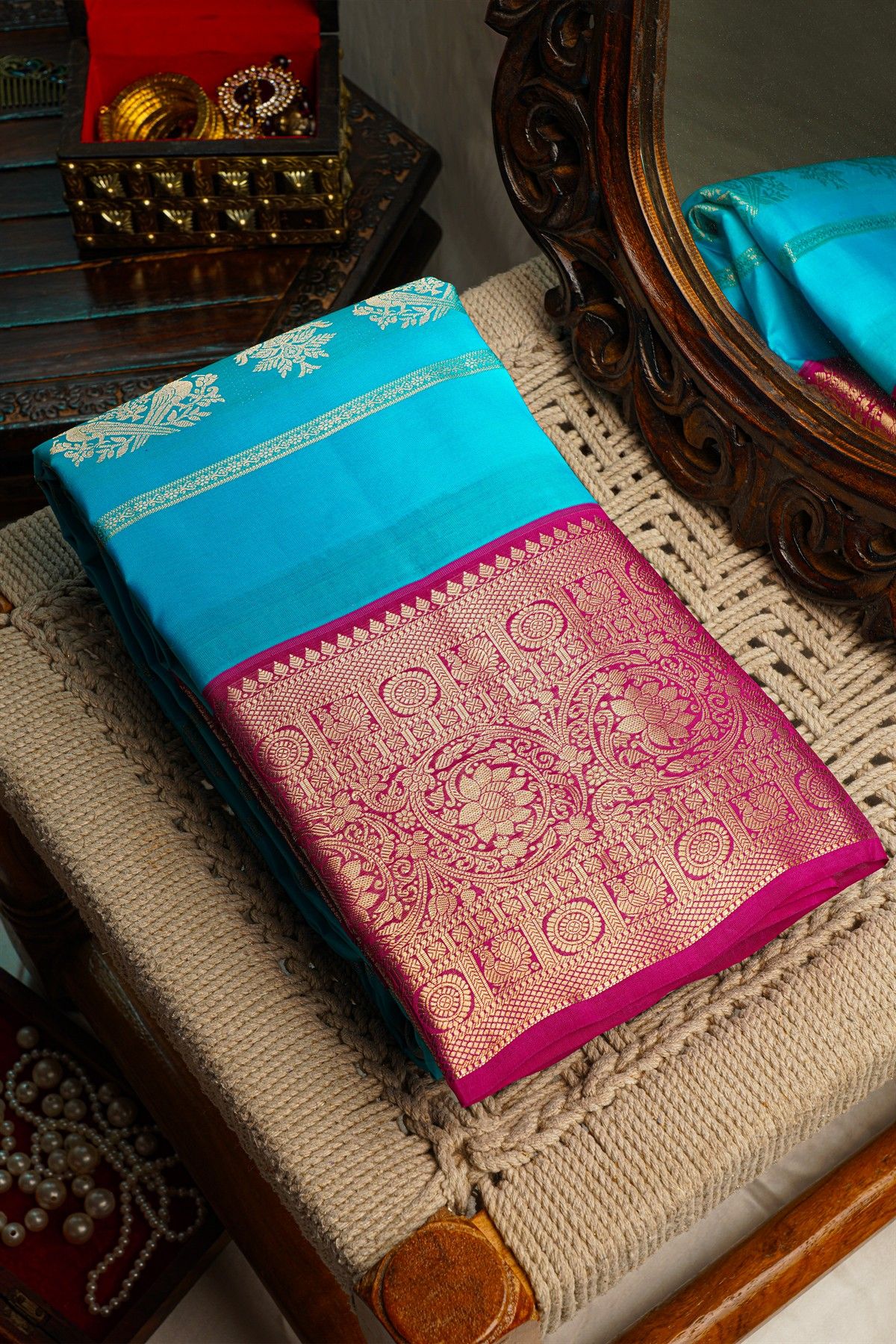 Kancheepuram Silk Sky Blue Saree Zari Lines And Florals Body Contrast Border