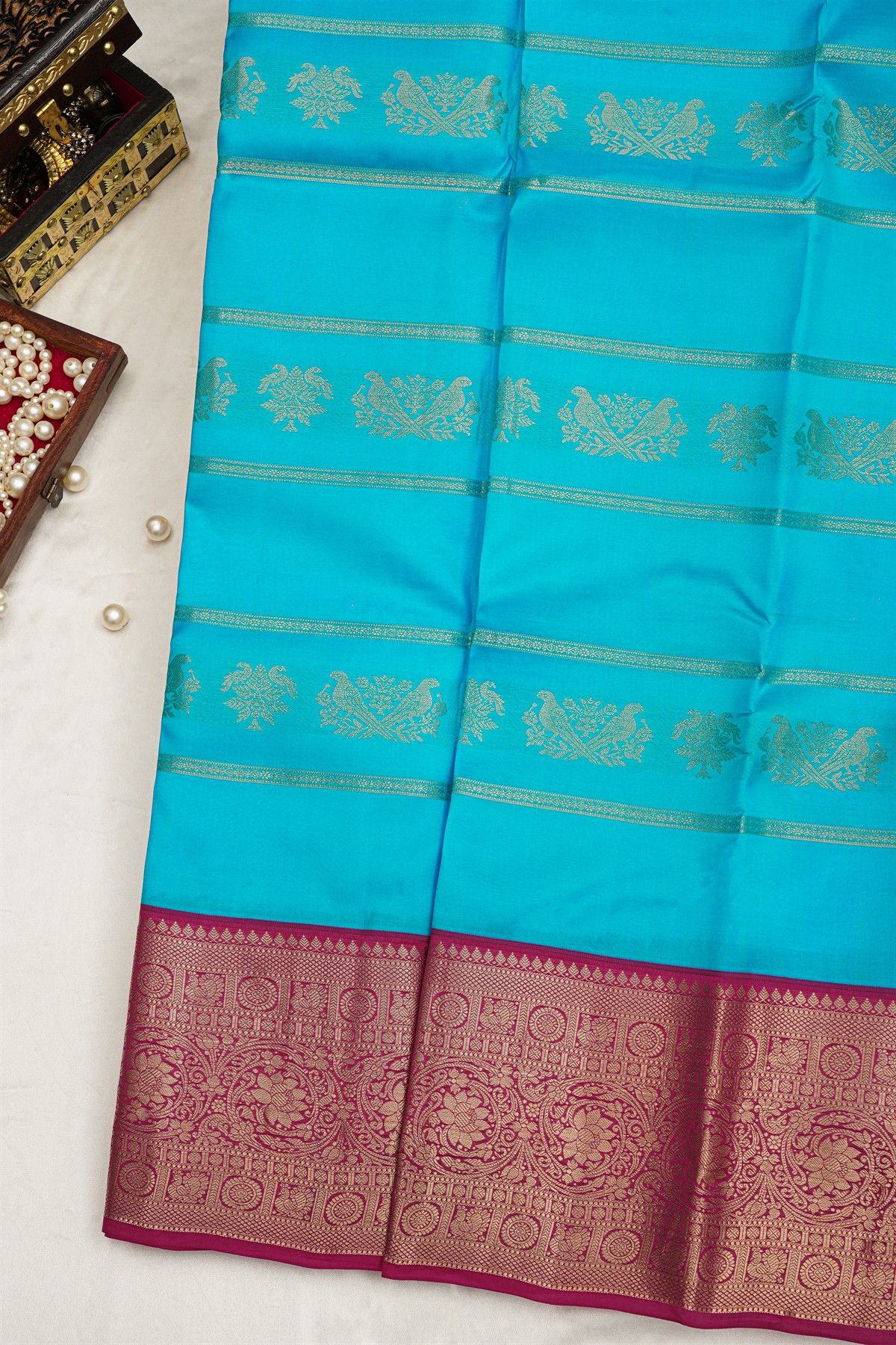 Kancheepuram Silk Sky Blue Saree Zari Lines And Florals Body Contrast Border