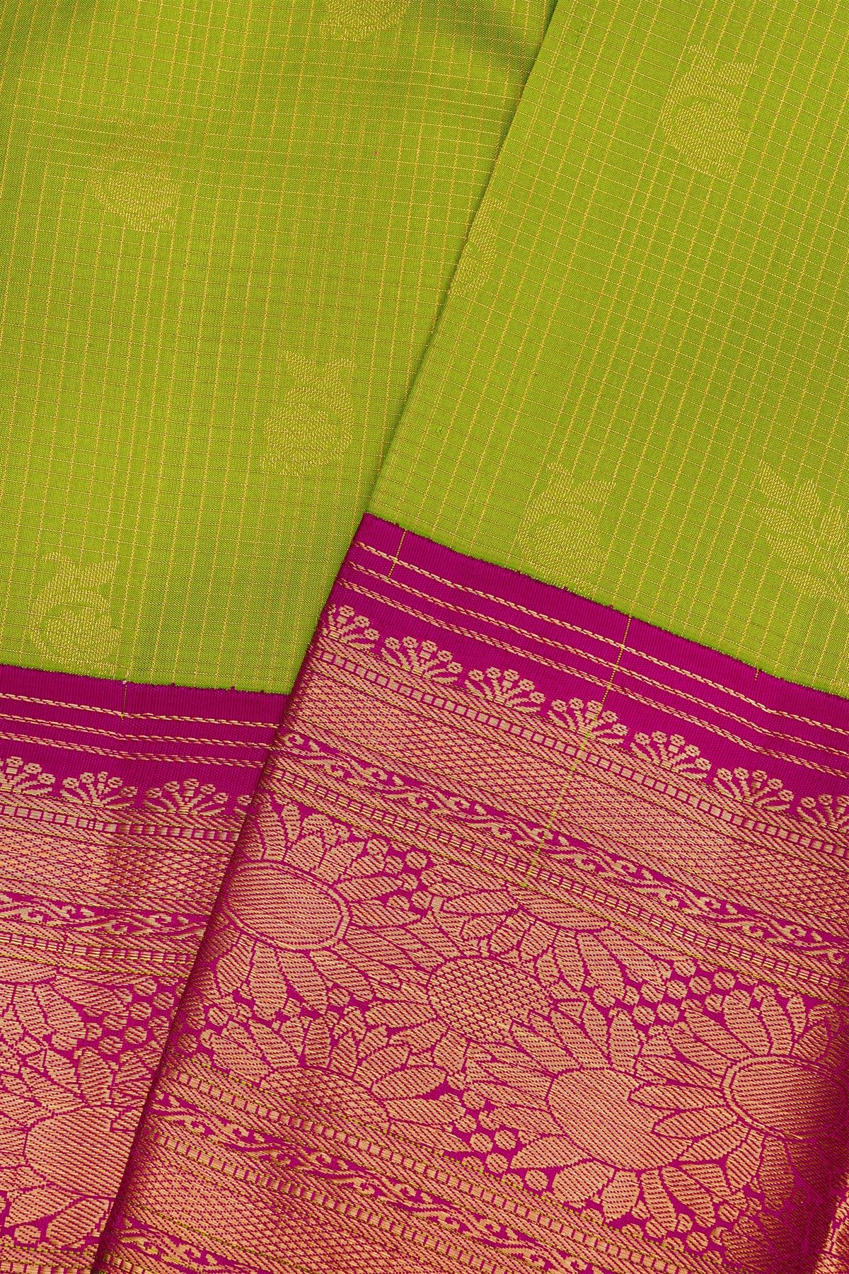 Kancheepuram Silk Parrot Green Saree With Zari Lines Contrast Border
