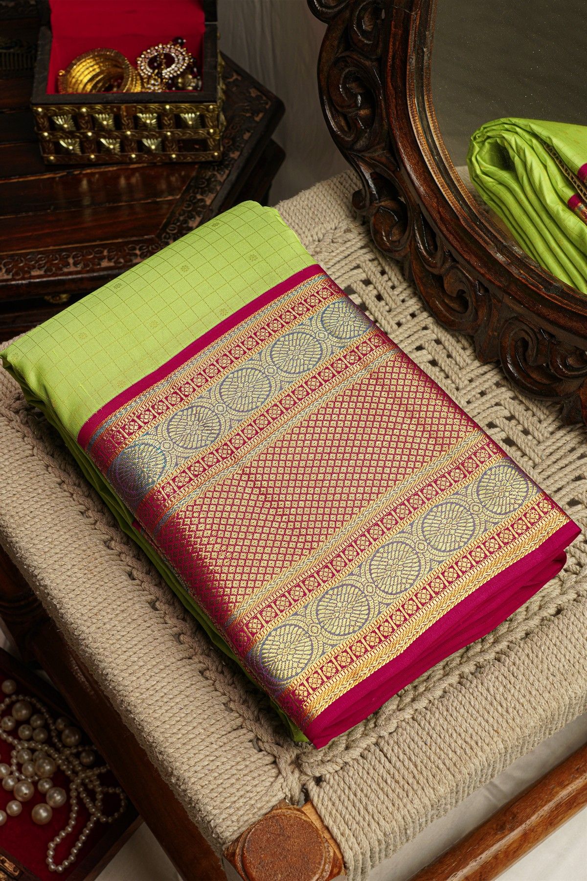 Kancheepuram Silk Light Green Saree With Zari Lines Checks Body Contrast Border