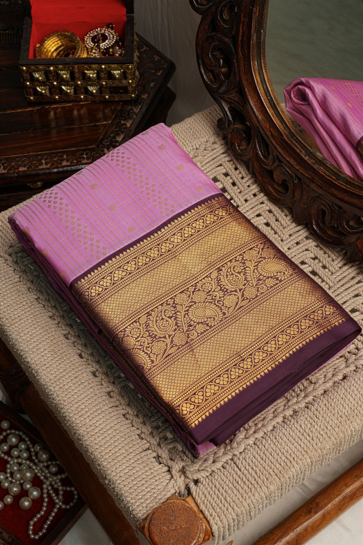 Kancheepuram Silk Pink Saree Zari Lines Body Contrast Border