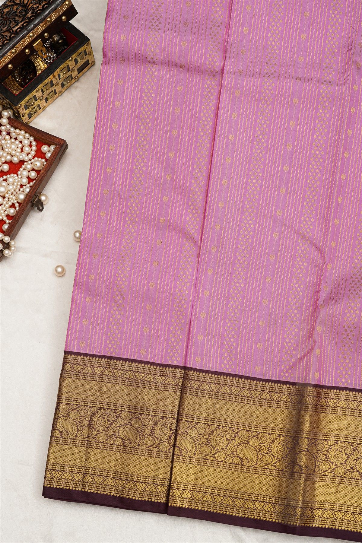 Kancheepuram Silk Pink Saree Zari Lines Body Contrast Border