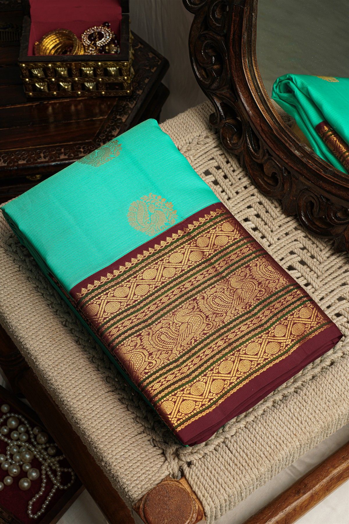 Kancheepuram Silk Sea Green Saree With Zari Lines Body Peacocks Traditional Border